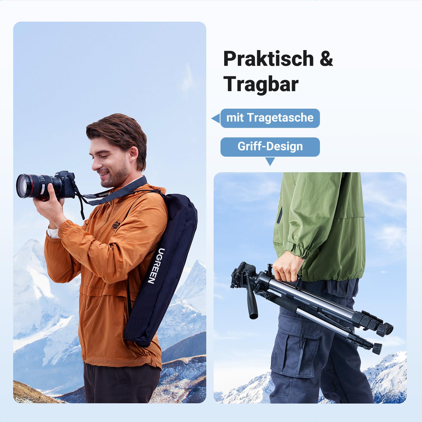 UGREEN Kamera Stativ mit 53,5-175 cm Höhe, leichtes und tragbares Reisestativ, Aluminium Dreibein Stativ mit Handyhalter und Reisetasche für Smartphones DSLR Canon Nikon Action Kamera