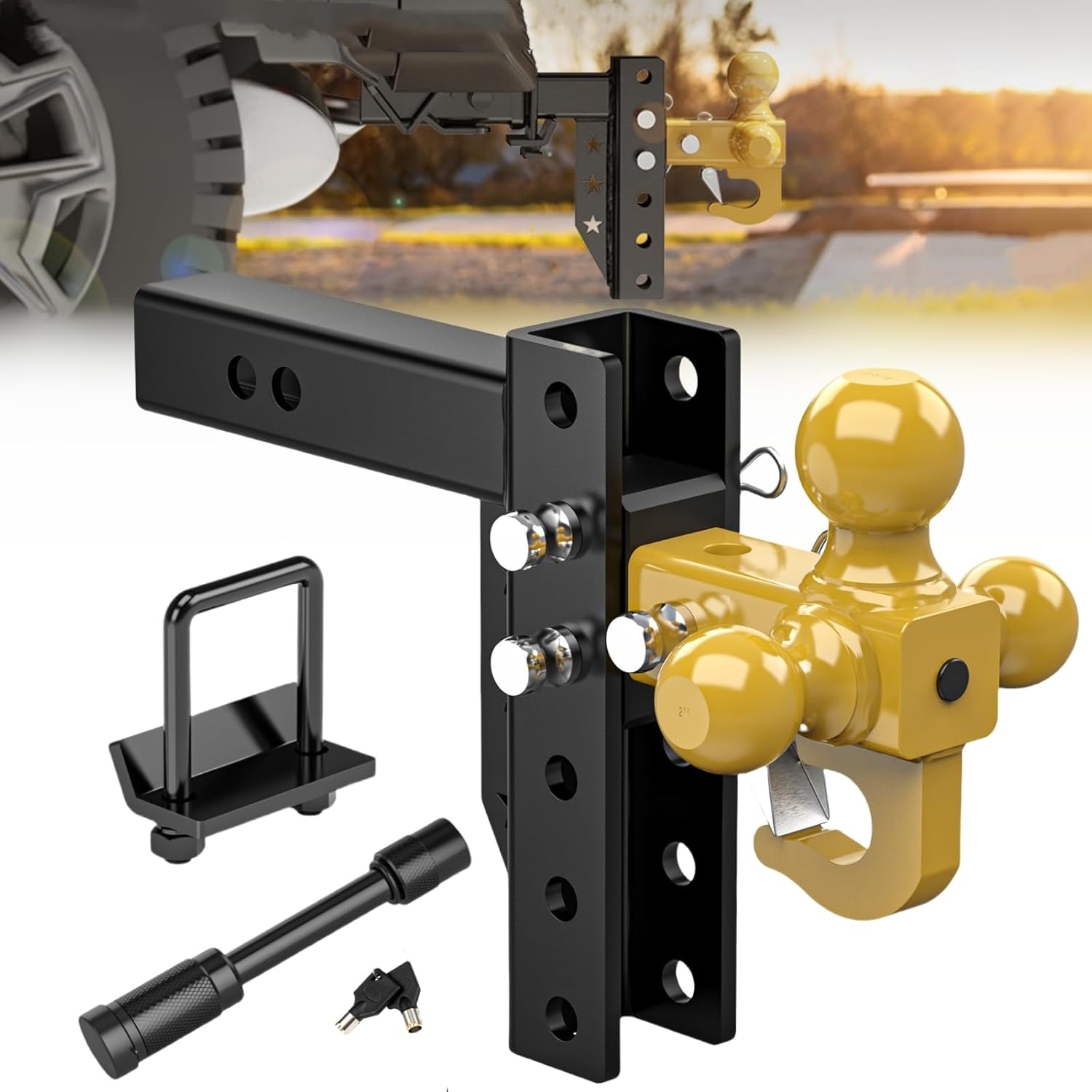 Adjustable Trailer Hitch Ball Mount with Hook, Tri-Ball (1-7/8" x 2" x 2-5/16") Drop Hitch,6 Inch Drop Hitch, Fits 2-Inch Receiver 18500 LBS GTW,Anti-Theft Pins Locks,Tow Hitch for Heavy Duty Truck