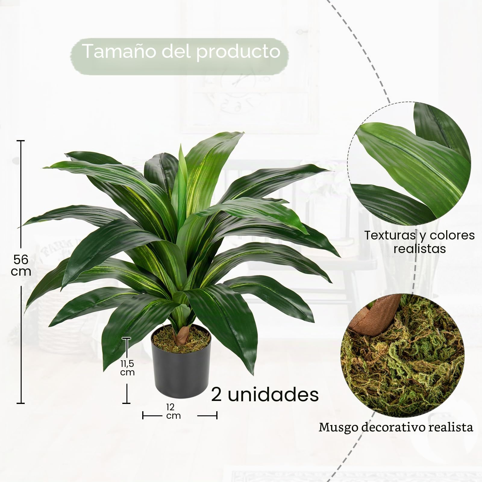 Juego de 2 plantas artificiales grandes Dragón Planta Artificial Árbol Grande en Maceta Árbol Artificial para Interior y Exterior, Decoración Moderna Baño Salón Dormitorio Balcón