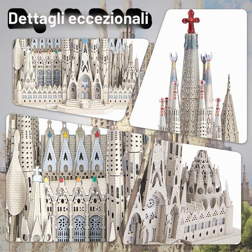 Piececool Metal Puzzle 3D Cattedrale Della Sacra Famiglia, Cattedrale Gotica Puzzle 3D Metallo, Modellini per Acciaio Inossidabile, Raccolta, Metallico, Modellismo da Costruire Adulti, 450 Pezzi