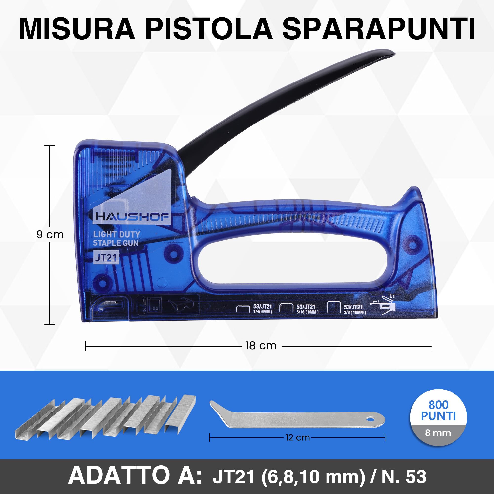 HAUSHOF Pistola Sparachiodi Trasparente con 800 Graffette JT21, Graffettatrice Impugnatura con Bloccaggio Automatico, Spillatrice Leggera per Fissare Tessuti, Cartone e Legno Sottile, Blu