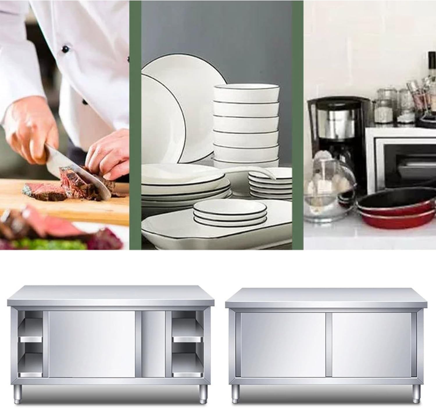 Stainless Steel Work Table with Sliding Doors Kitchen Work Platform Large Storage Cabinets Chopping and Preparation Table Suitable for Home Restaurant Hotel and Garage(80x60x80cm/31.5x23.6x31.5")