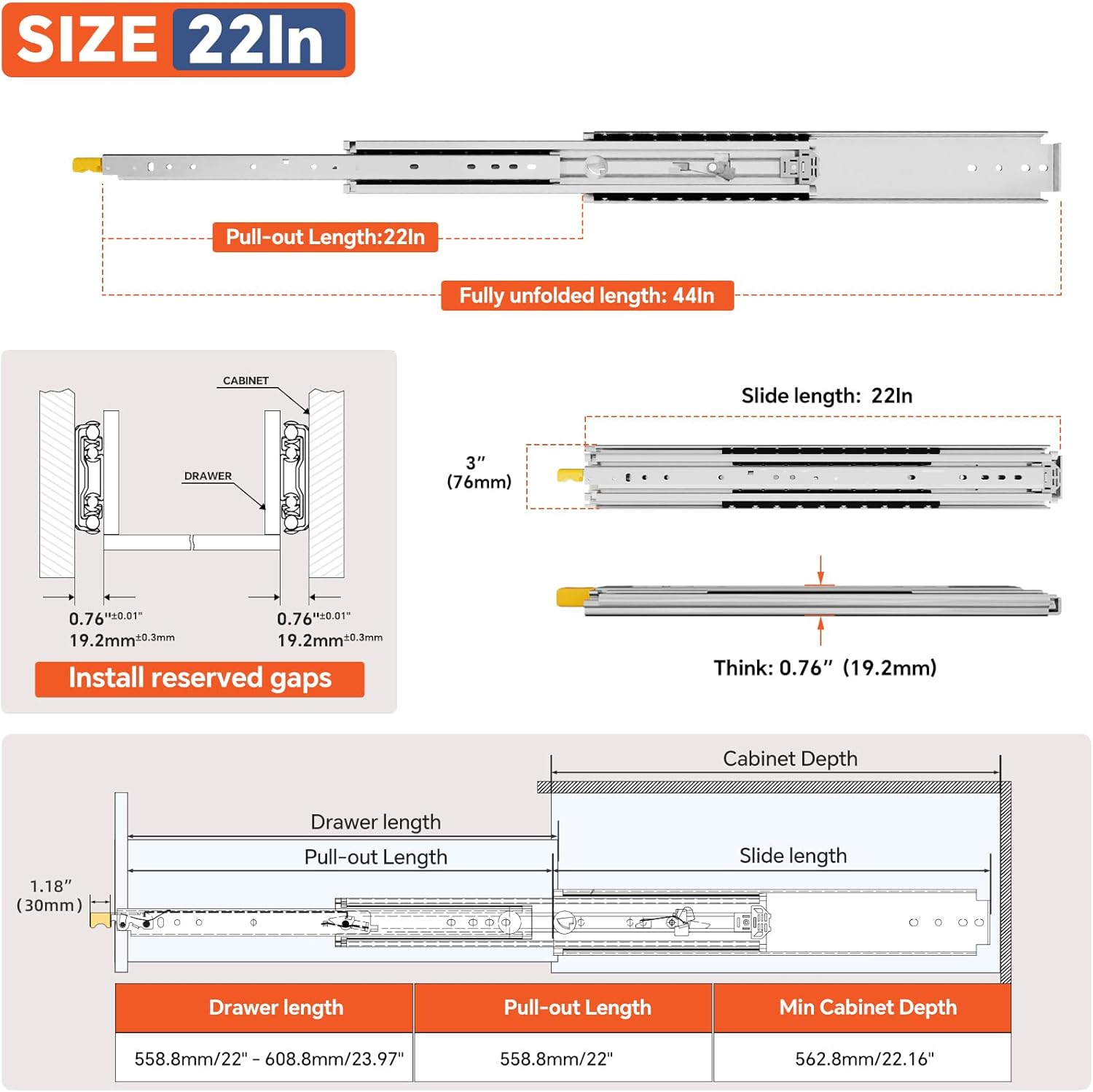 tobegreat heavy duty drawer slides with lock, 1 pair 3-fold full extension ball bearing replacement cabinets drawer slides for tool chests,rv,workbenches?22 inch, 500lb load:500 lb (with lock) -w:76mm 22 inch