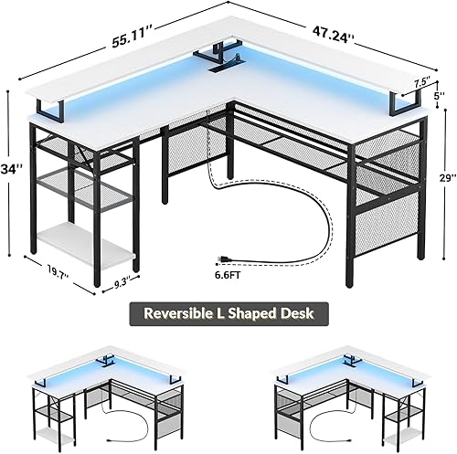 Miniatura 3 de Unikito Escritorio reversible en forma de L, escritorio de esquina de 55 pulgadas con tira de luz inteligente y toma de corriente mágica, elegante