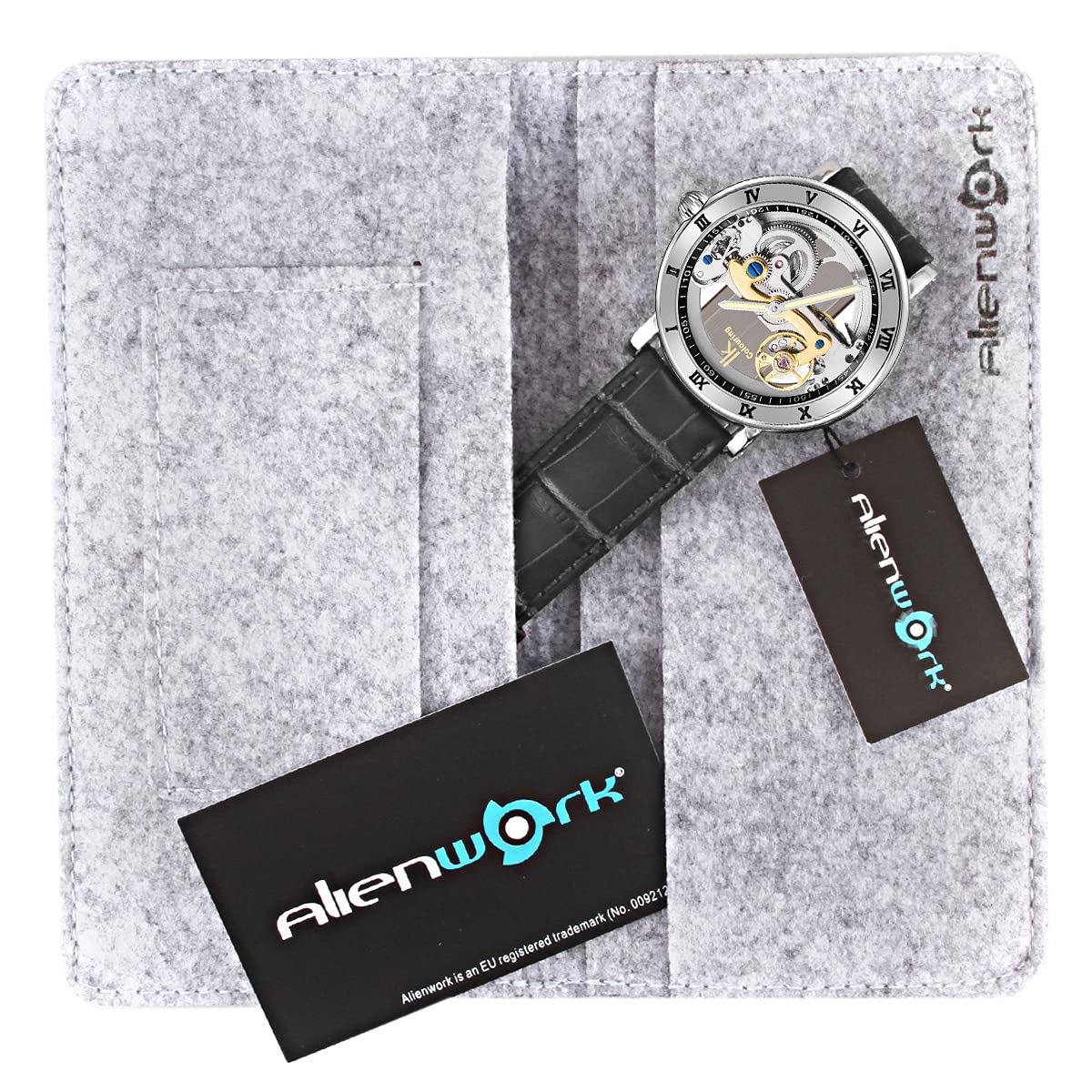 Alienwork IK Orologio Automatico Uomo Donna Scheletro Meccanismo a Ponte Fondo in Vetro