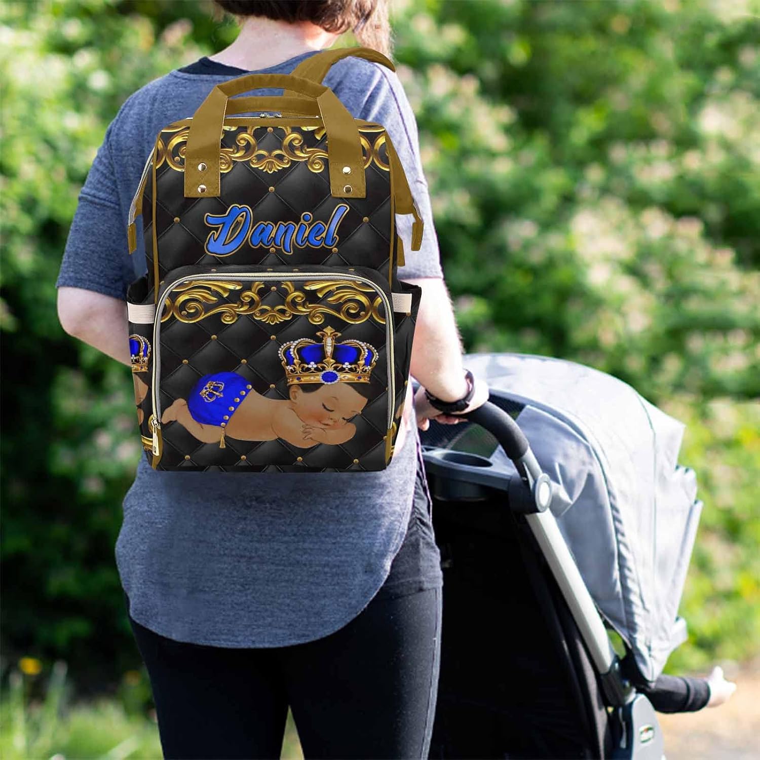 M YESCUSTOM Customized Prince Baby Bag Personalized Diaper Bag Backpack with Name Custom Waterproof Large Capacity Travel Daypack Black