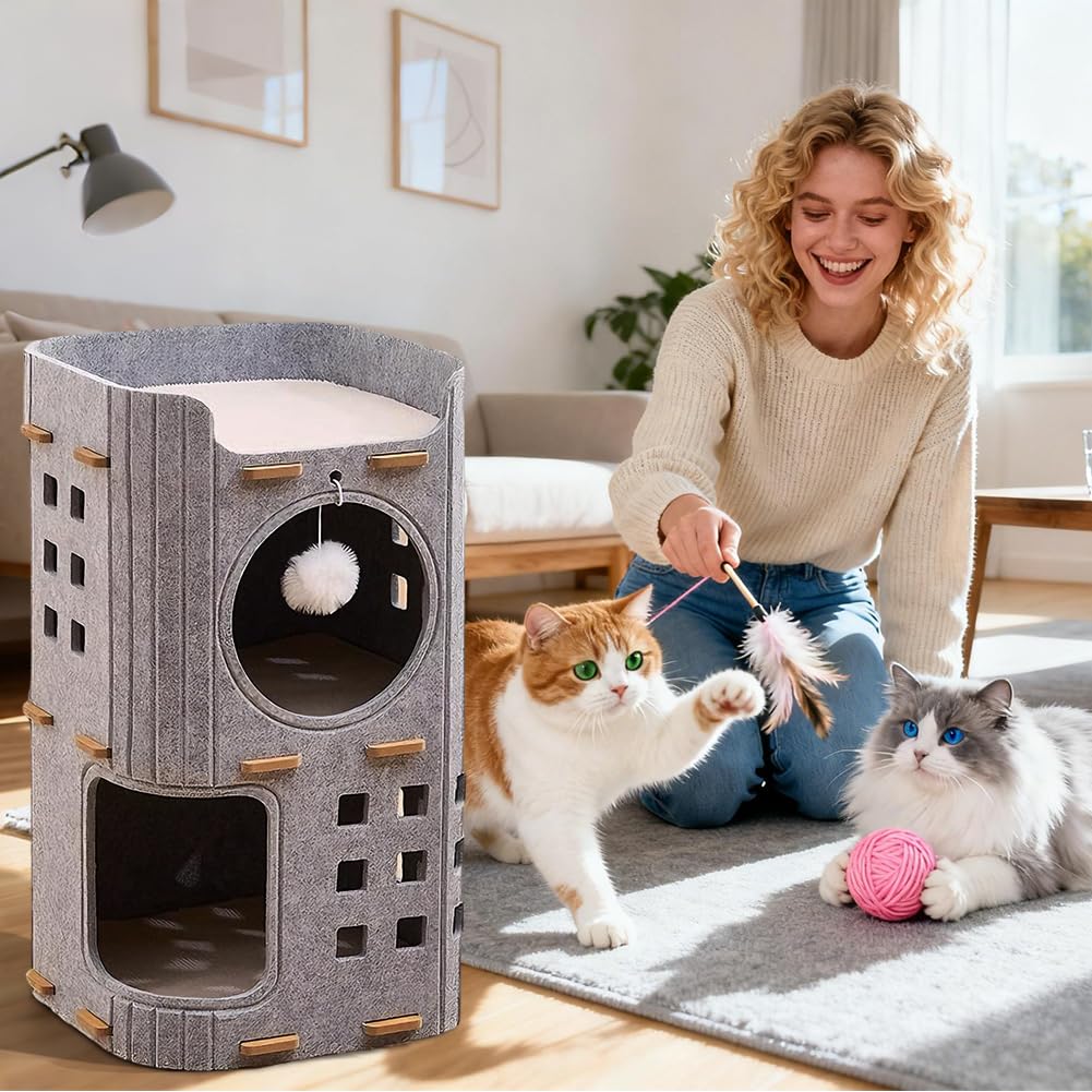 Cueva para gatos de fieltro de 3 pisos, 90 x 37 x 37 cm, cama para gatos, casa para gatos de interior con pelota de juego, castillo para gatos para jugar, cueva para gatos plegable y cálida para
