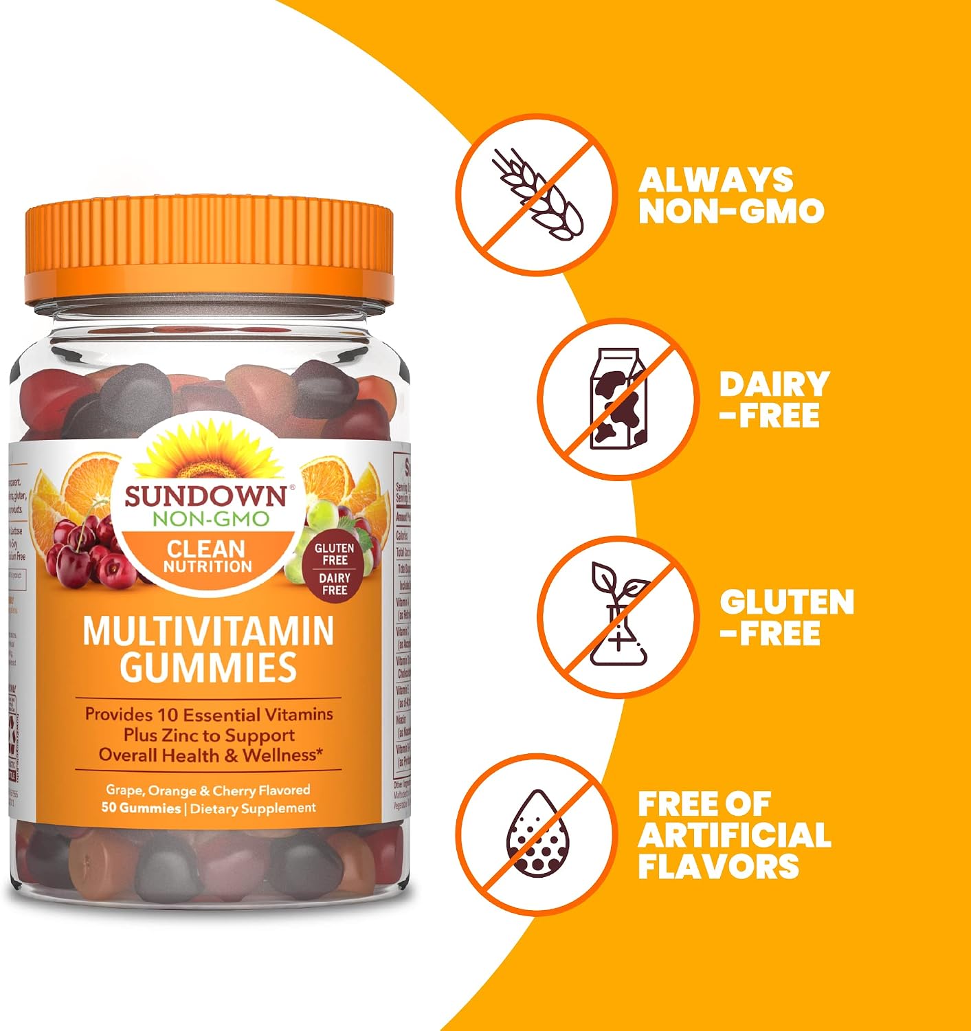 Sundown Adult Multivitamin, with Zinc, Vitamins A, C, D, E , Supports Immune Health Non-GMOˆ, Free of Gluten, Dairy, Artificial Flavors