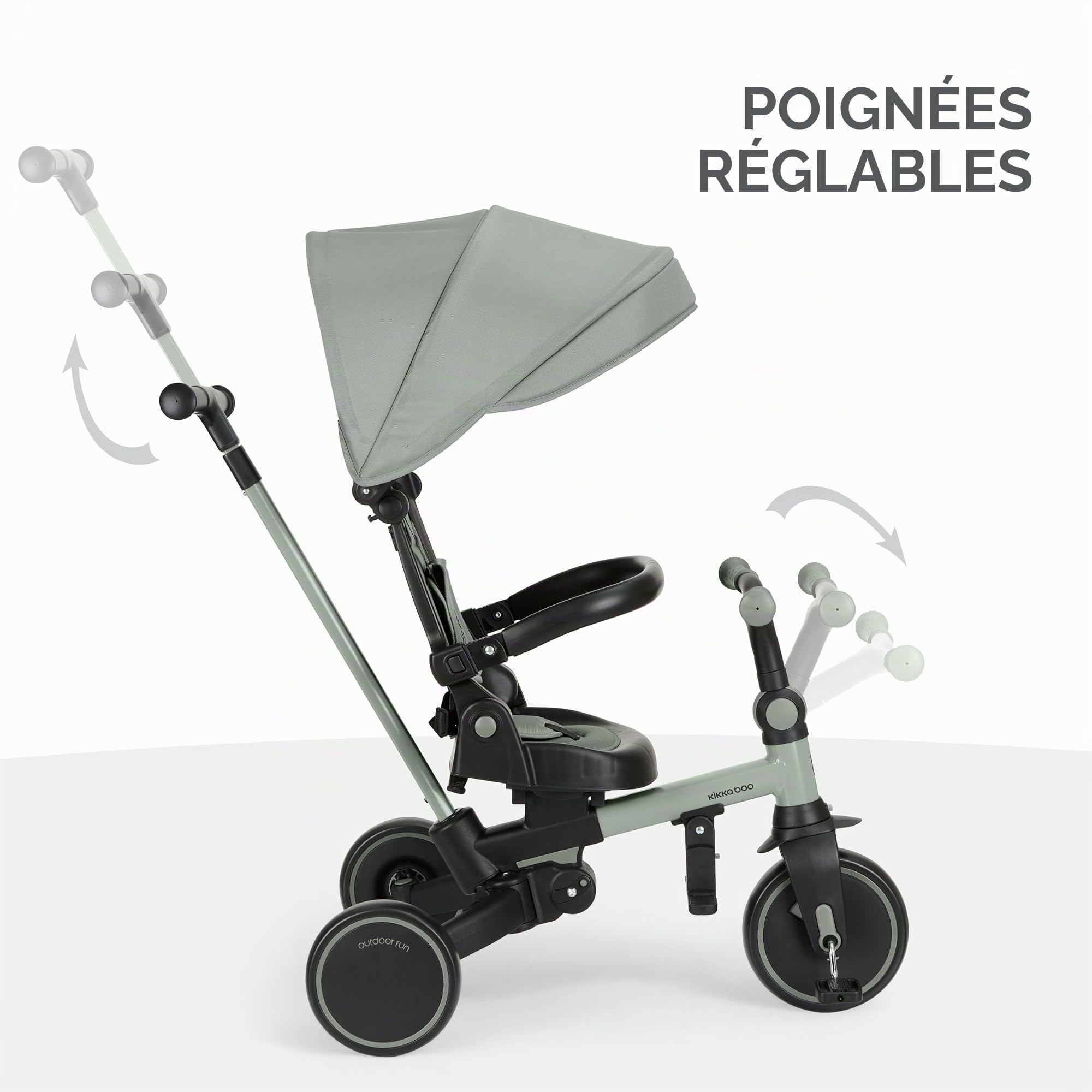 KikkaBoo Tricycle évolutif 8 en 1 ALUMA, de 12 Mois à 5 Ans, Tricycle Poussette Pliable avec poignée pour Parents, Vert
