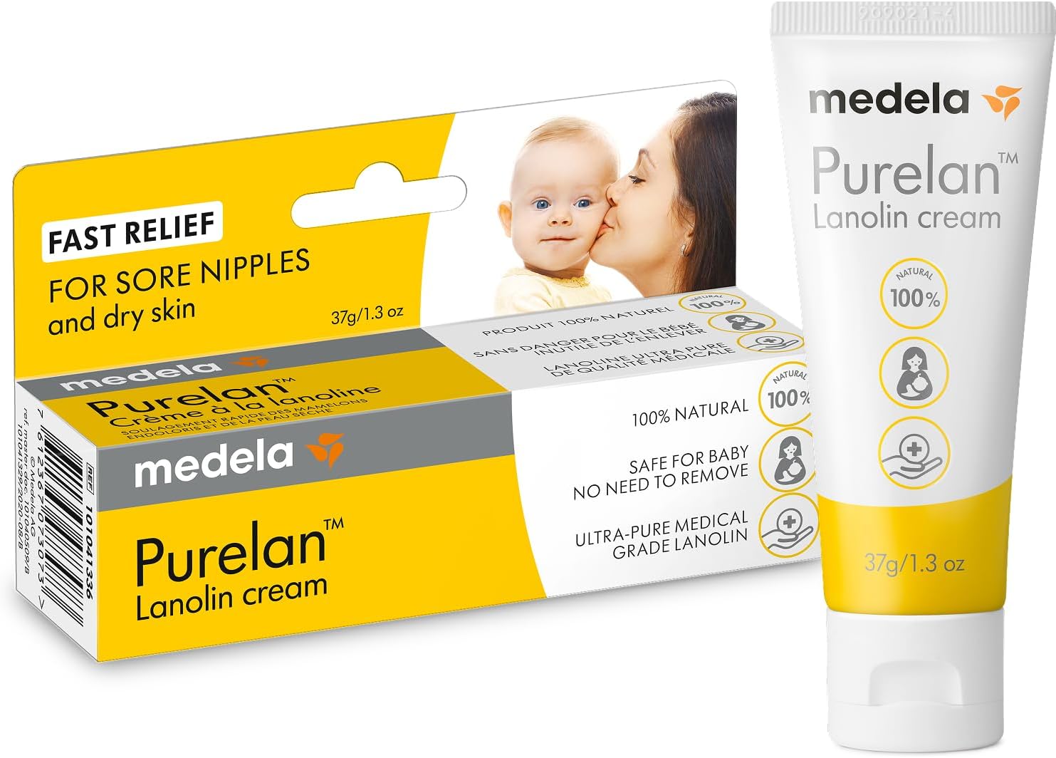 Medela – Crème d&rsquo;allaitement Medela Purelan Lanolin – Mamelons endoloris, peau sèche, 100 % naturelle, hypoallergénique, 37 g