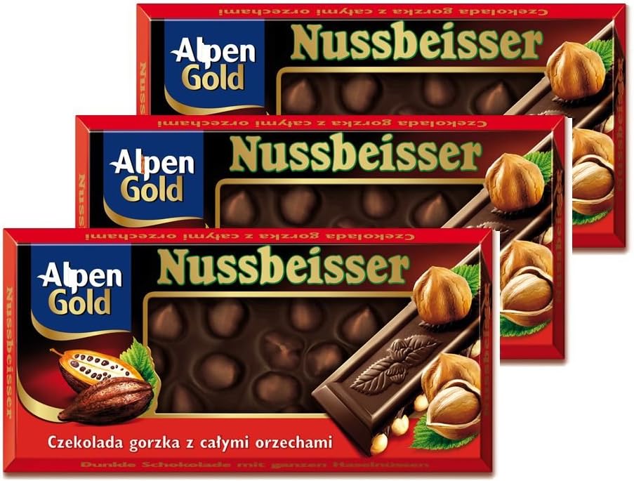 Alpen Gold Nussbeisser Dark Chocolate with Whole Hazelnuts 100g (Pack of 3)