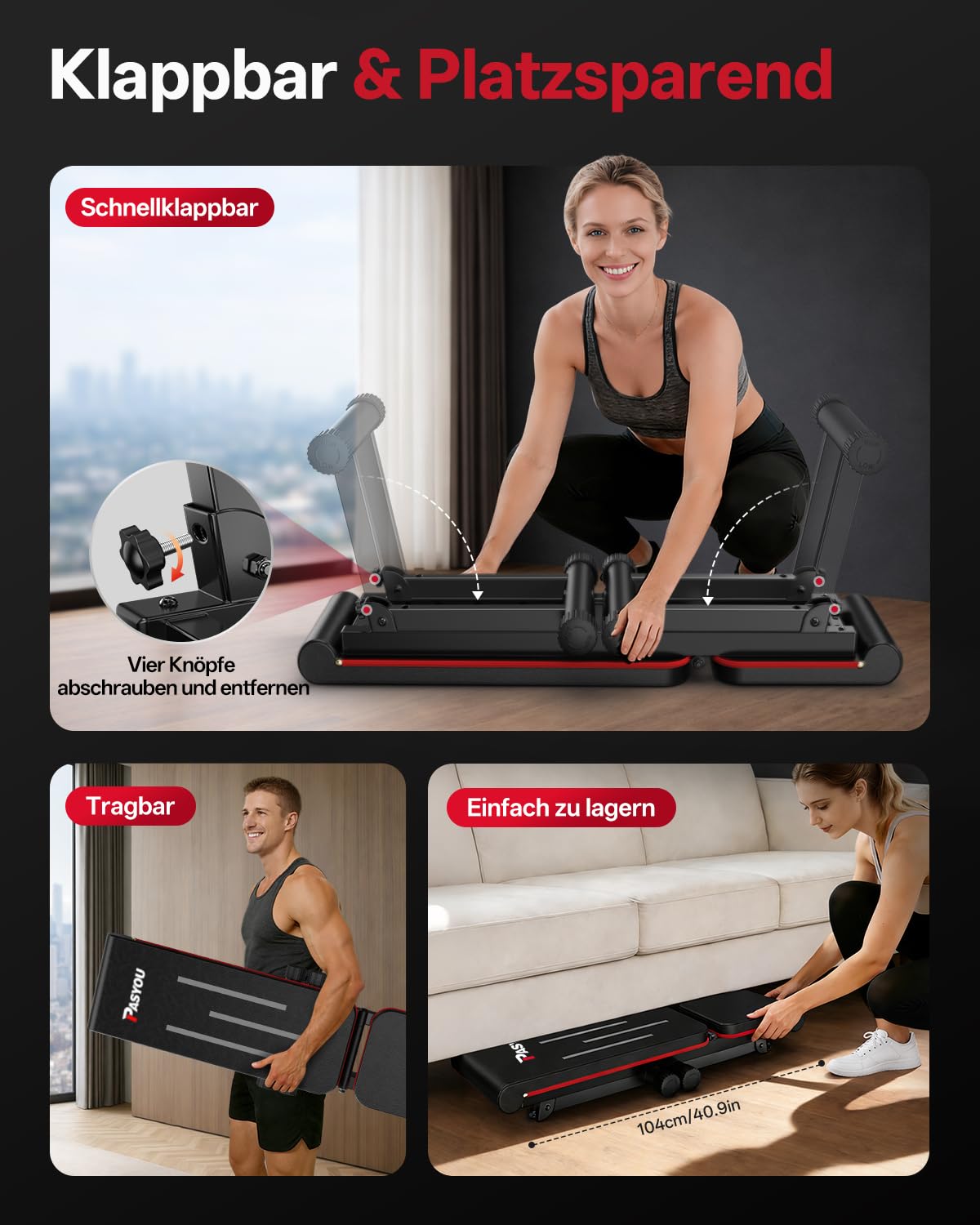 PASYOU Hantelbank Klappbar Flachbank, Verstellbare Trainingsbank Bankdrücken Bank für Zuhause mit 300KG Belastbarkeit, 6-Stufige Neigung Fitnessbank mit Doppelrahmen (PB300)