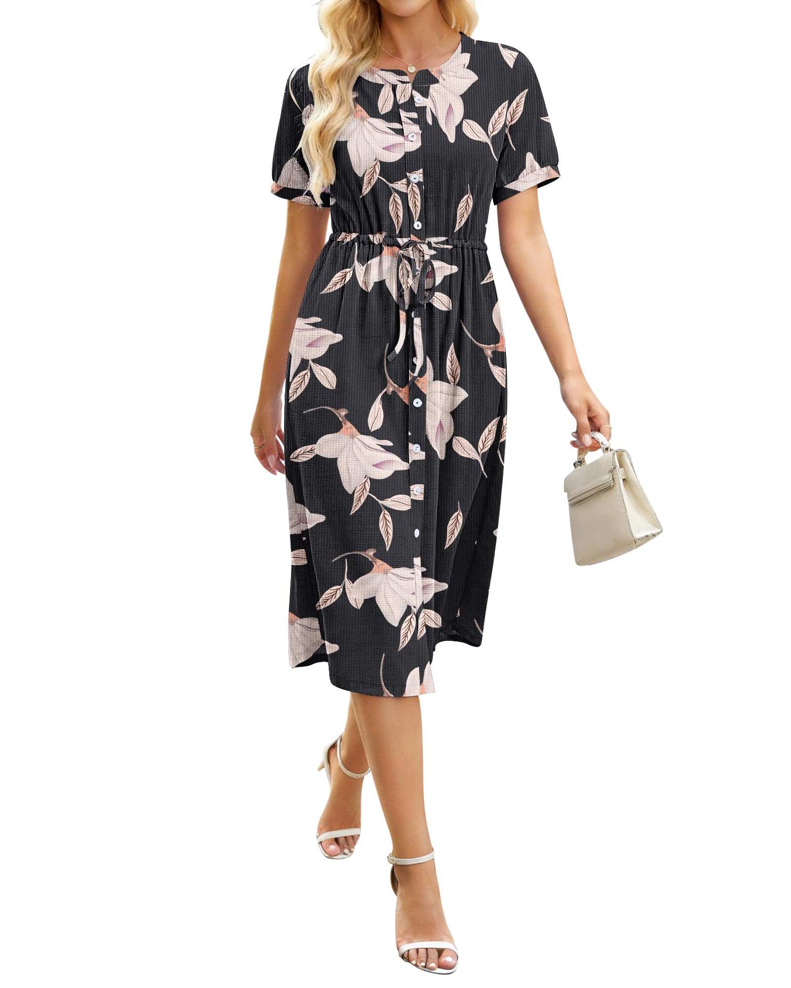 AUSELILY Damen Kurzarm Sommerkleid Knopfleisten Shirtkleid R