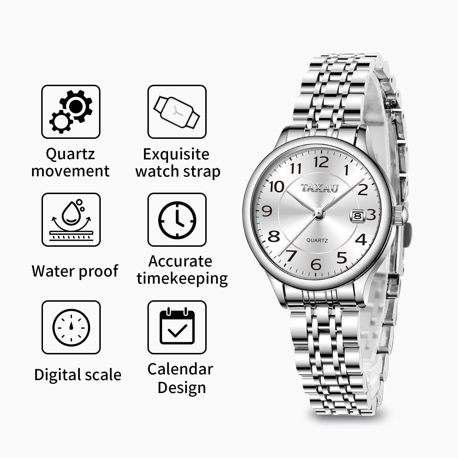 Taxau Armbanduhr Damen Edelstahl, Kleine Damenuhr mit Arabischen Ziffern, Quarzuhr Damen mit Datum, Easy Read Zifferblatt, 3 Bar Wasserdicht, Elegante Uhr für Frauen
