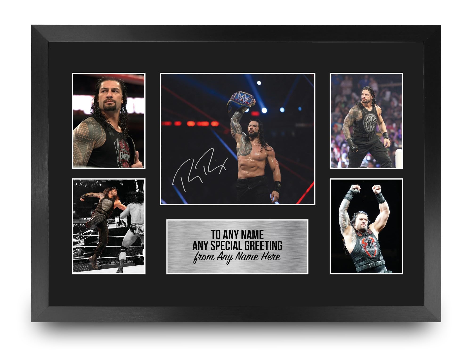 HWC Trading Roman Reigns Wrestling Personalised Gift - Signed Autograph Picture, Framed A3 Wrestling Photo Display with Custom Name Message for Birthday Christmas Wedding