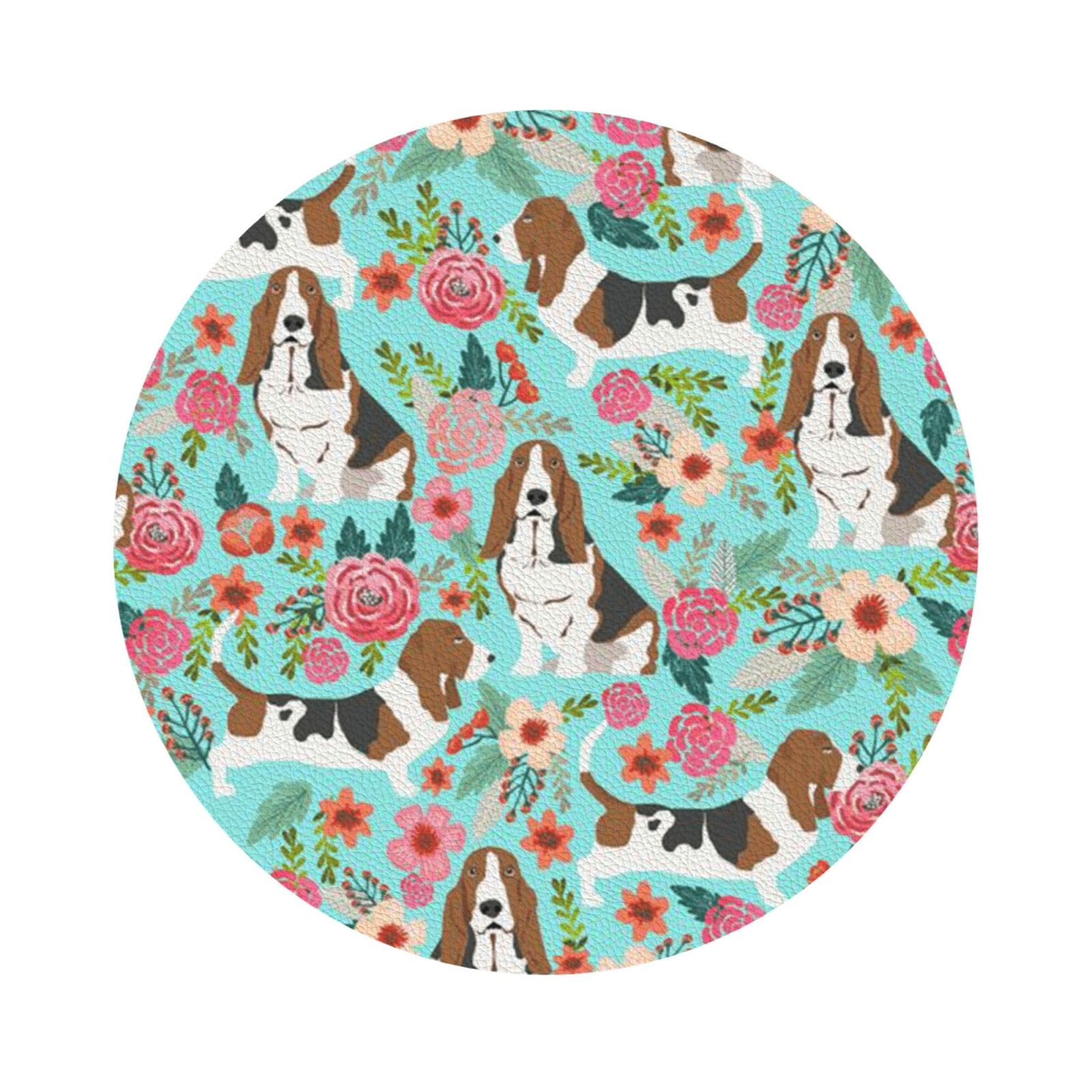 Sweet Basset Hound Florals PU Leather Coasters Set of 6 Round Drink Coasters