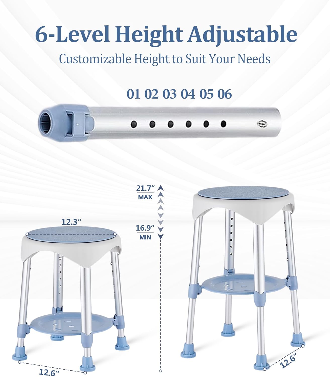 Shower Stool with Storage Tray, Height Adjustable Rotating Shower Chair for Seniors and Adults, 360° Swivel Tub Transfer Bench for Bathroom and Inside Shower (Blue)