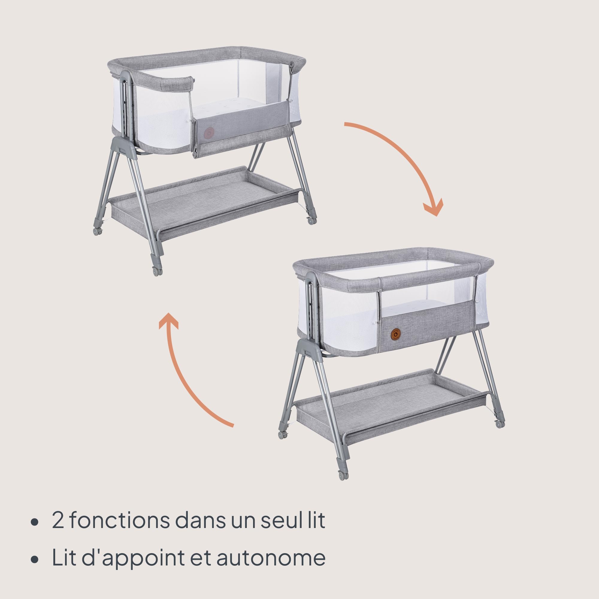 lionelo Luna, lit Bebe indépendant, cododo avec Matelas, co-Sleeping, du Nouveau-né à 9 kg. Hauteur et Inclinaison réglables, 4 Roues avec Blocage, Fixation au lit des Parents, aéré
