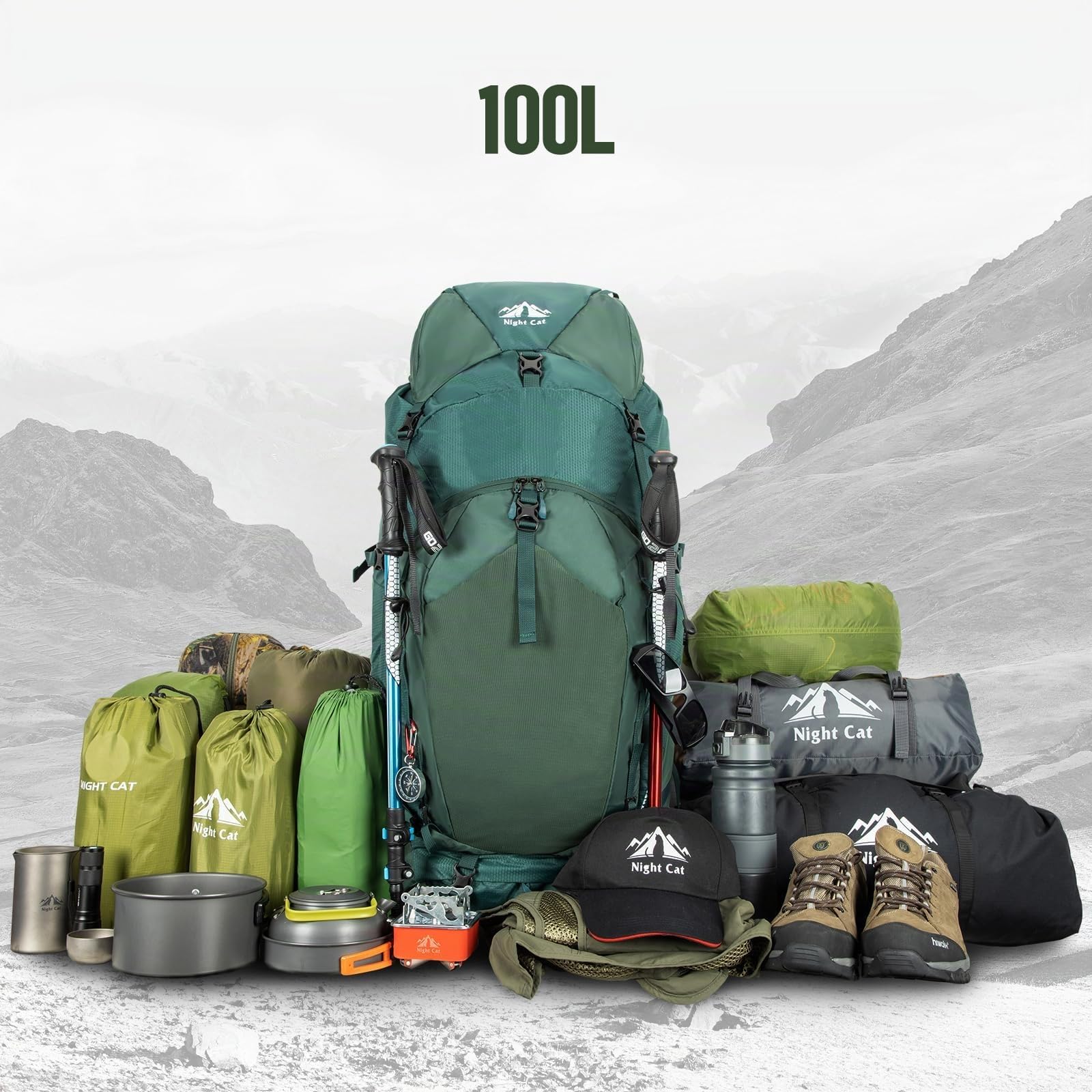 Night Cat 100L Ligero Mochila: 100 Litros Mochila de Senderismo para Hombres Wemen Mochila de Trekking Impermeable