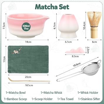 Matcha Set of 7 Pink Matcha Set with Matcha Broom Bowl Spoon Macha Tea Set for Ceremony Ideal Matcha Gift for Lovers Family Friends Tea Enthusiasts