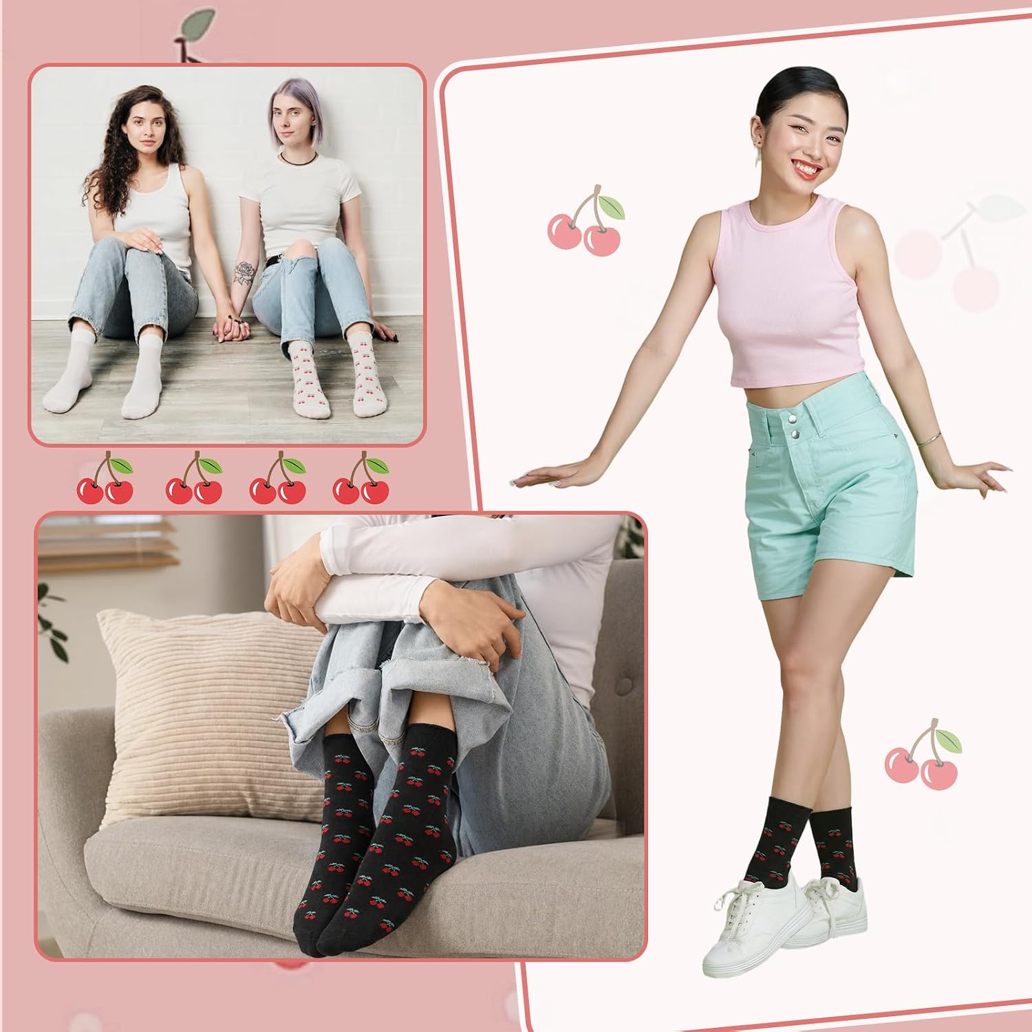 4 Pairs Women's Cute Crew Socks Cute Cherry Crew Socks Novelty Casual Cherry Sock Gift for Women