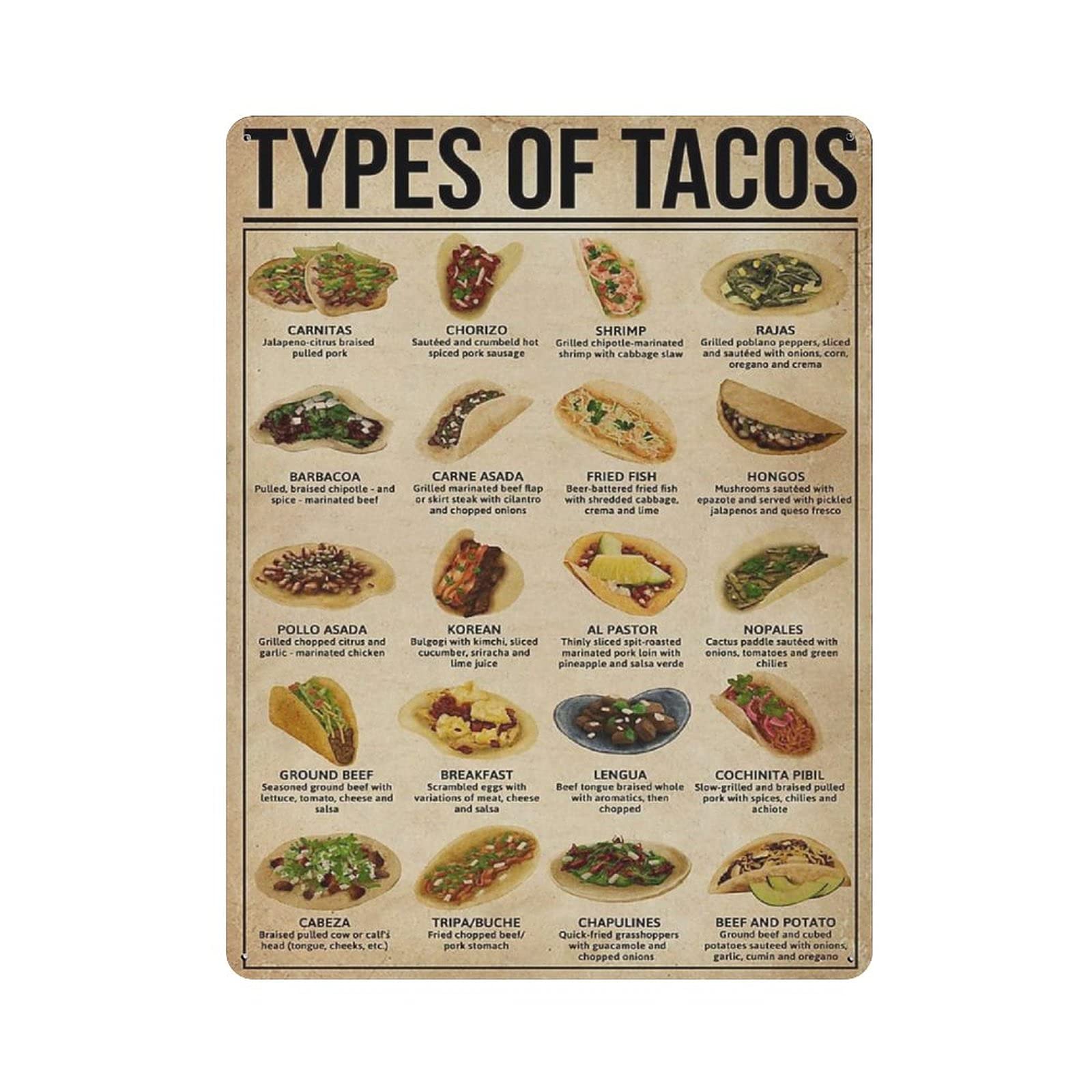 Metal Tin Sign Types of Tacos Vintage Tin Poster Metal Sign Wall Decoration Country Kitchen Home Garage Decor 16"x12"