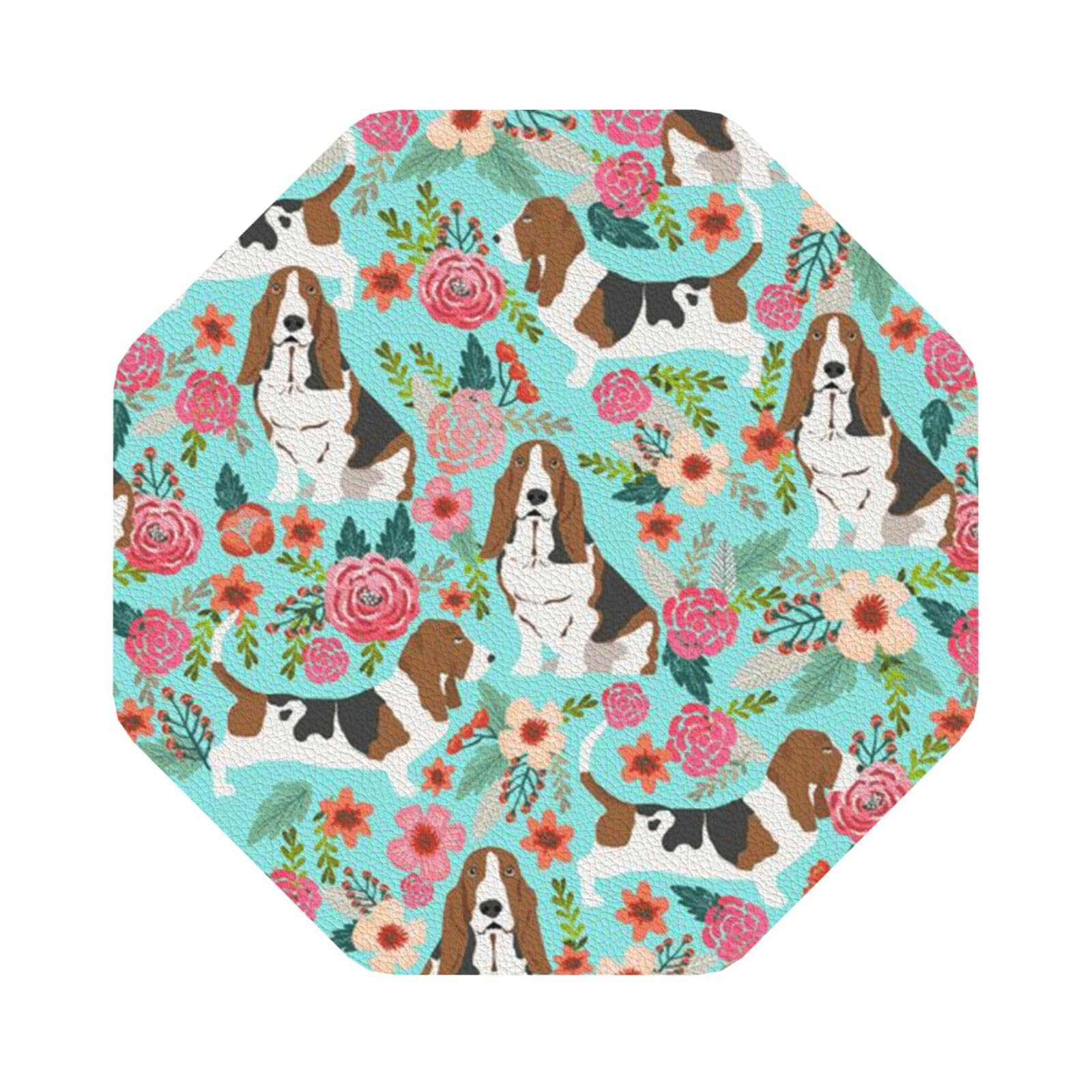 Sweet Basset Hound Florals PU Leather Coasters Set of 6 Octagon Drink Coasters
