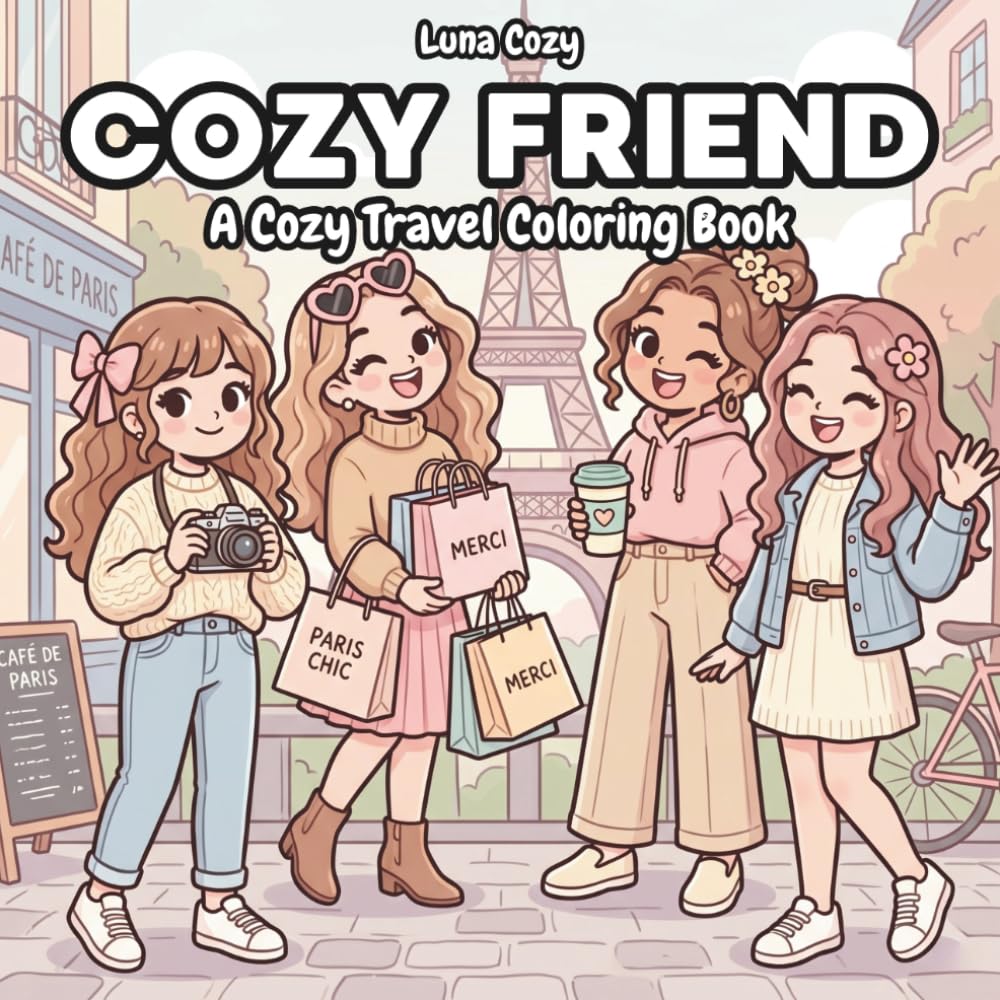 Cozy Friends Coloring Book: A Cute Cozy Coloring Book For Kids And Adults With Paris Scenes, Friendship Moments, And Relaxing Travel Adventures