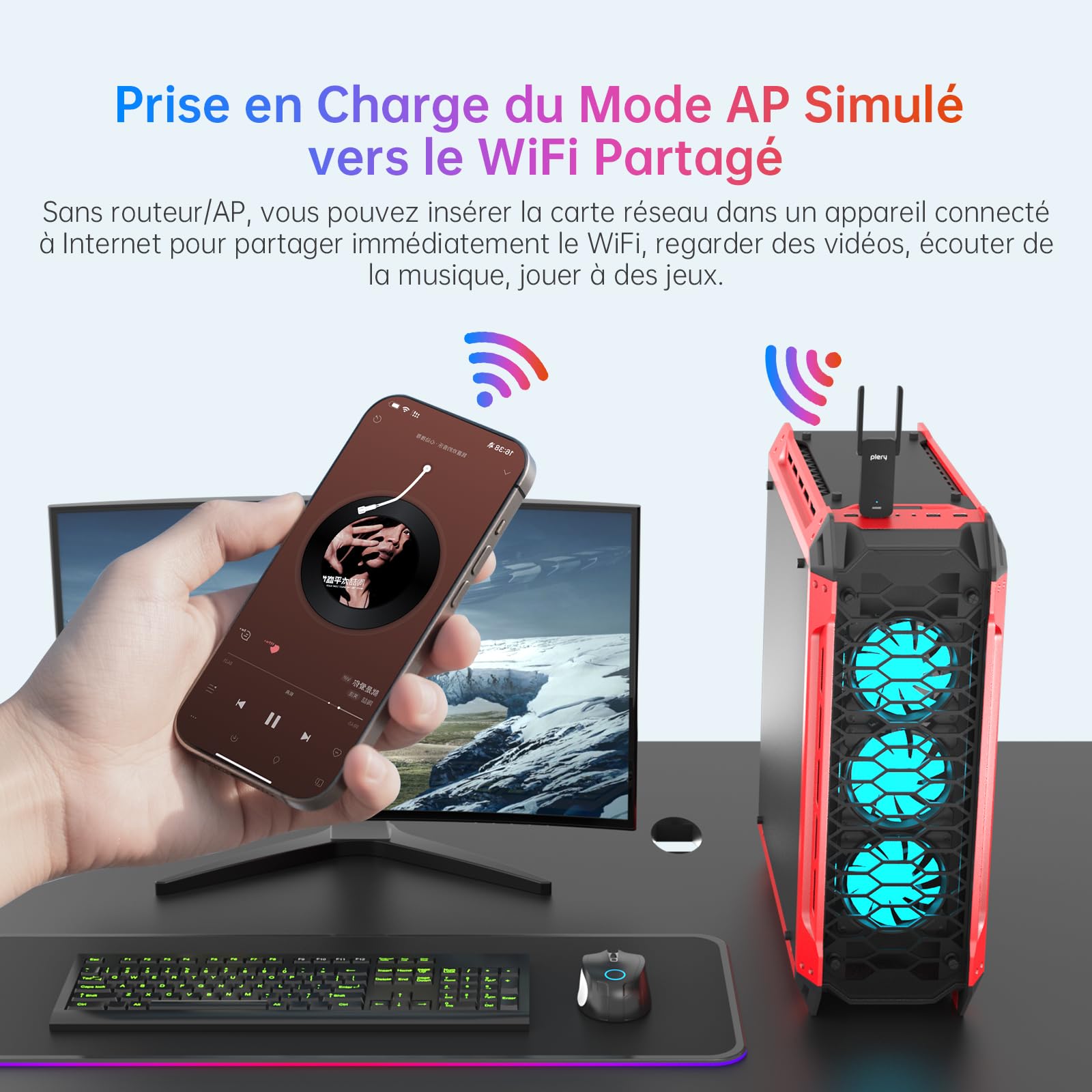 BE6500 Clé WiFi 7 Puissante Adaptateur Réseau sans Fil pour PC Tri-Bande 6GHz 5GHz 2.4GHz USB Longue Portée Antenne à Gain Élevé Dongle Réseau Pilote Intégré Compatible avec Windows 11/10, WPA3