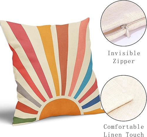 Miniatura 3 de Kawani Fundas de almohada de estilo bohemio con sol y atardecer 16x16, juego de 2 fundas de almohada decorativas de lino con arcoíris colorido y