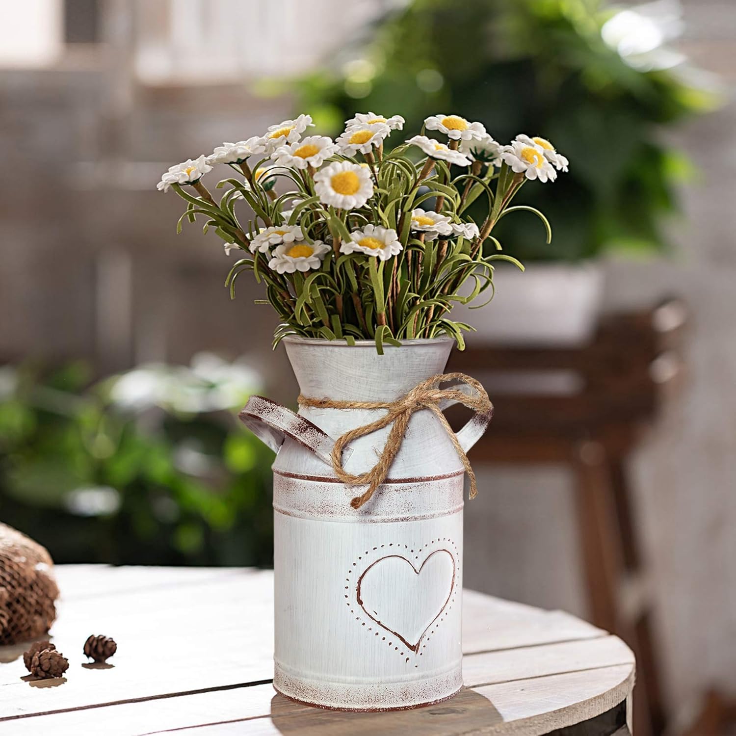 Timoo Rustic Milk Jug Vase Metal Milk Can Decor White Farmhouse Vase with Heart-Shaped for Wedding, Home, Living Room, Bathroom, Dining Table, Desk, Office, Garden Decoration