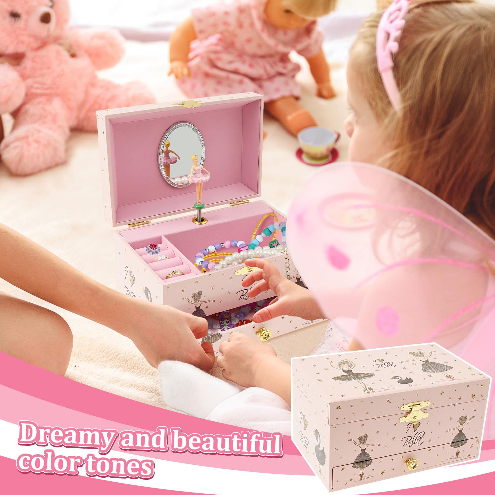 Joyero niña Joyero musical para niños, caja de música con unicornio giratorio, para niñas y niños, con espejo, regalo de cumpleaños (niña de ballet rosa y negro)