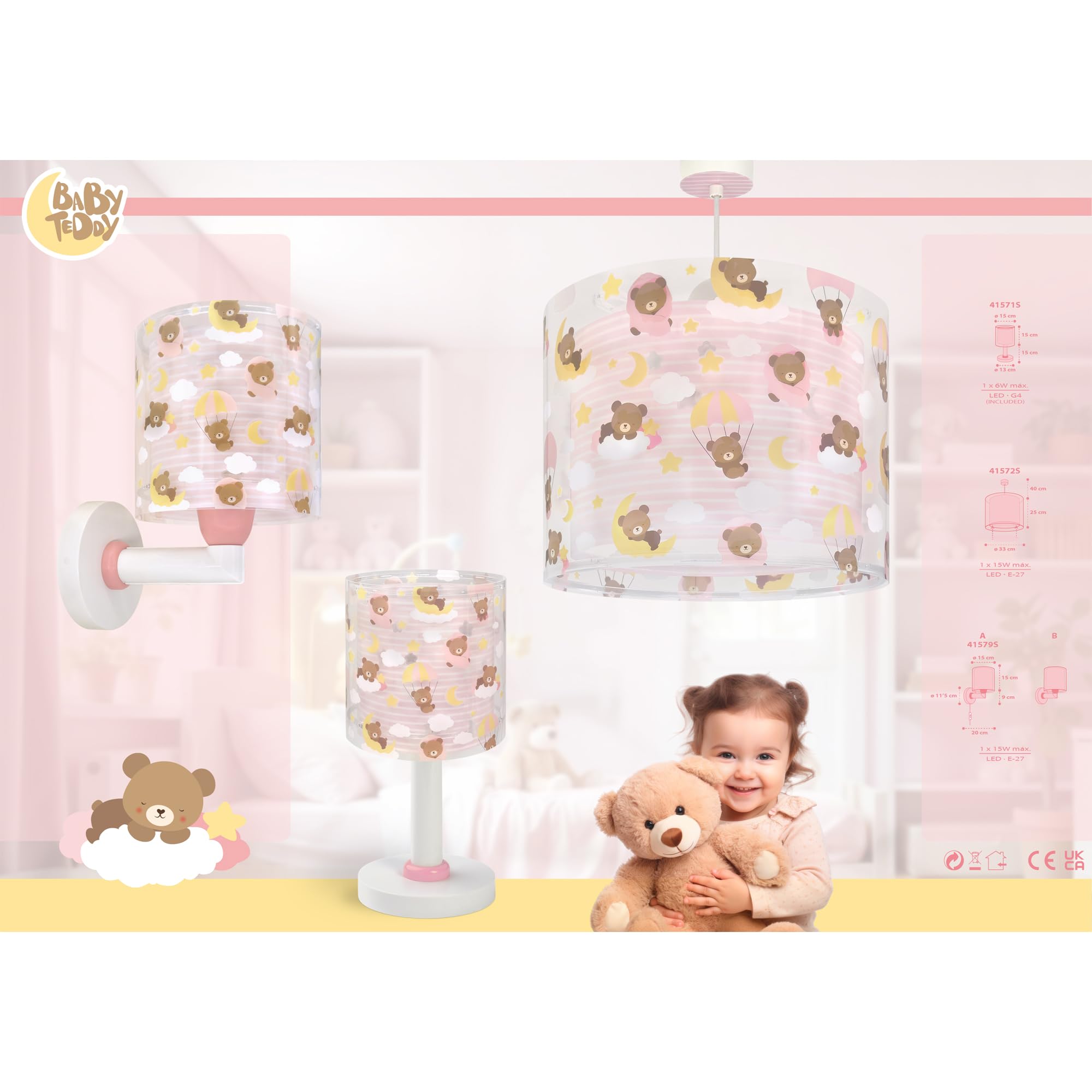 Dalber Lámpara Infantil De Techo Colgante Baby Teddy Ositos Nubes Rosa, 41572S, E27