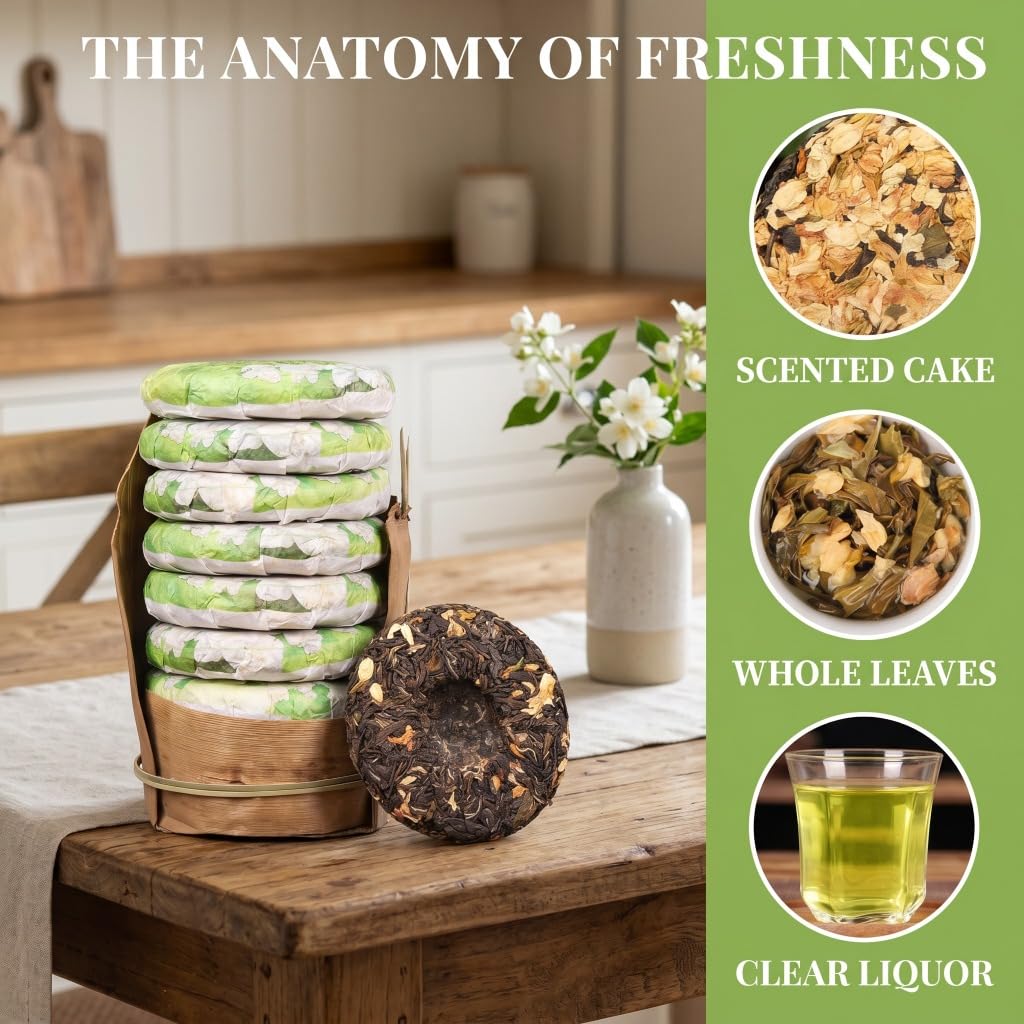 Thé Pu-erh Cru Du Yunnan | Gâteau De Thé Vert Au Jasmin | De Qualité A, Thé Floral Pressé Parfumé | Boisson Naturelle Saine (100g * 5)