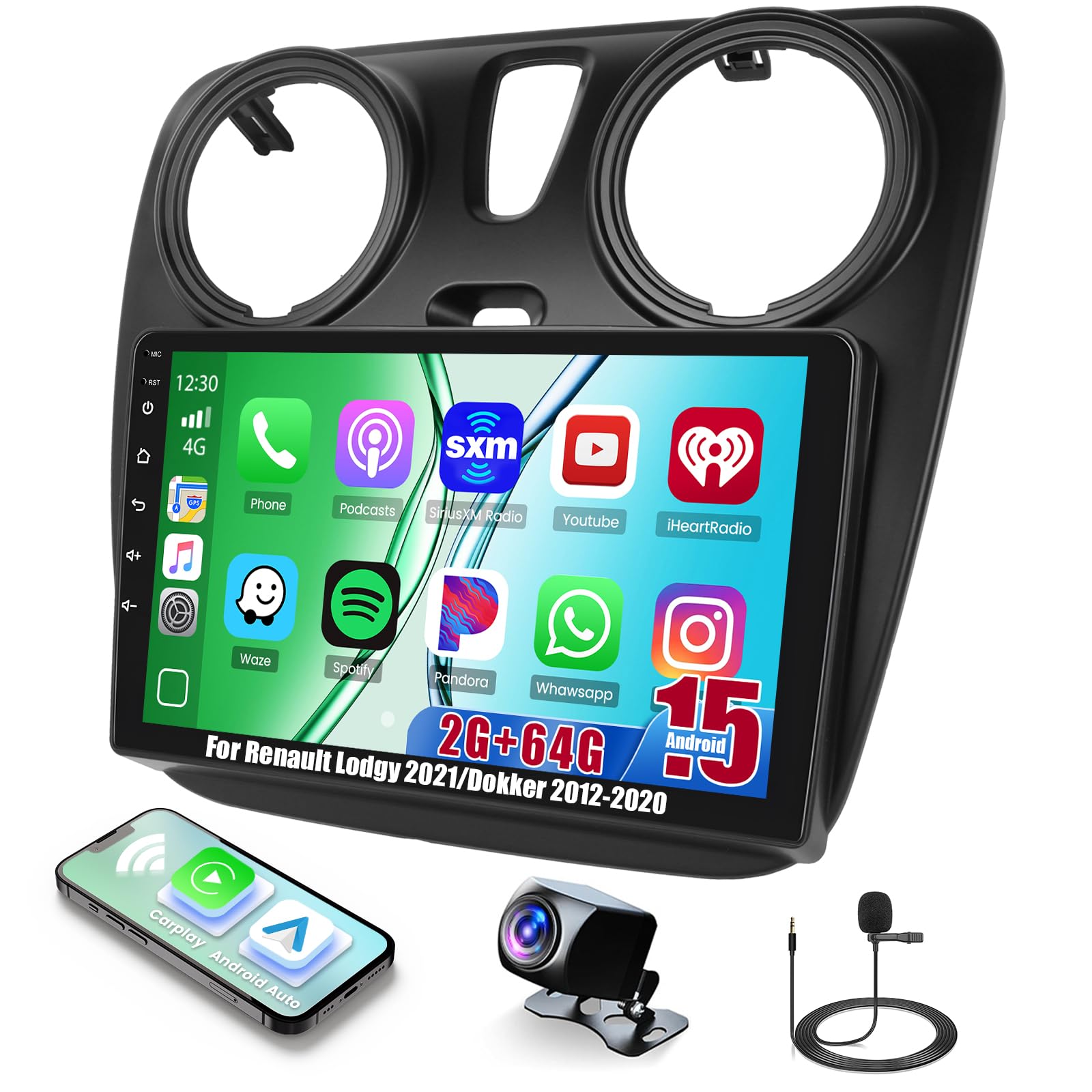 Inefala 2+64GB Android Radio de Coche para Renault Lodgy 2021, 9 Pulgadas HD de Pantalla Táctil con Wireless CarPlay Android Auto GPS WiFi BT SWC FM/RDS Canbus AHD Cámara de Seguridad Mic