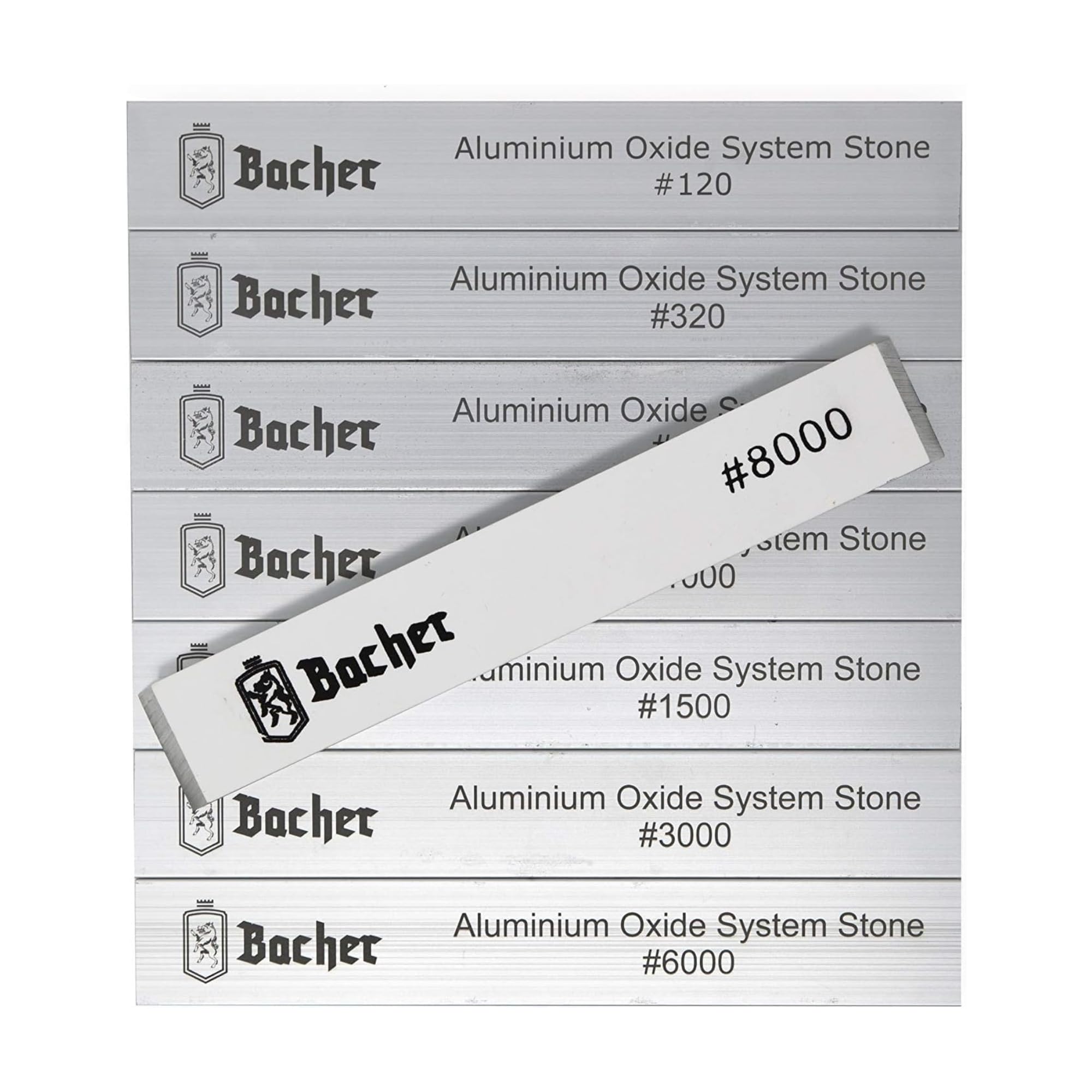 Bacher set 8 pietre da affilatura ad asta 120-8000, coramella e 4 paste | Grana verificata da terzi | Cera d'api e lanolina nutrienti | 4 applicatori in pelle | Formato 150x25 mm | Cofanetto regalo