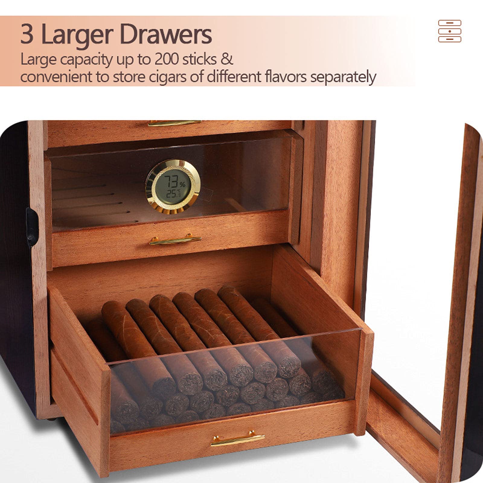 Cigar Humidor Box with Digital Hygrometer and 3Layer Drawer