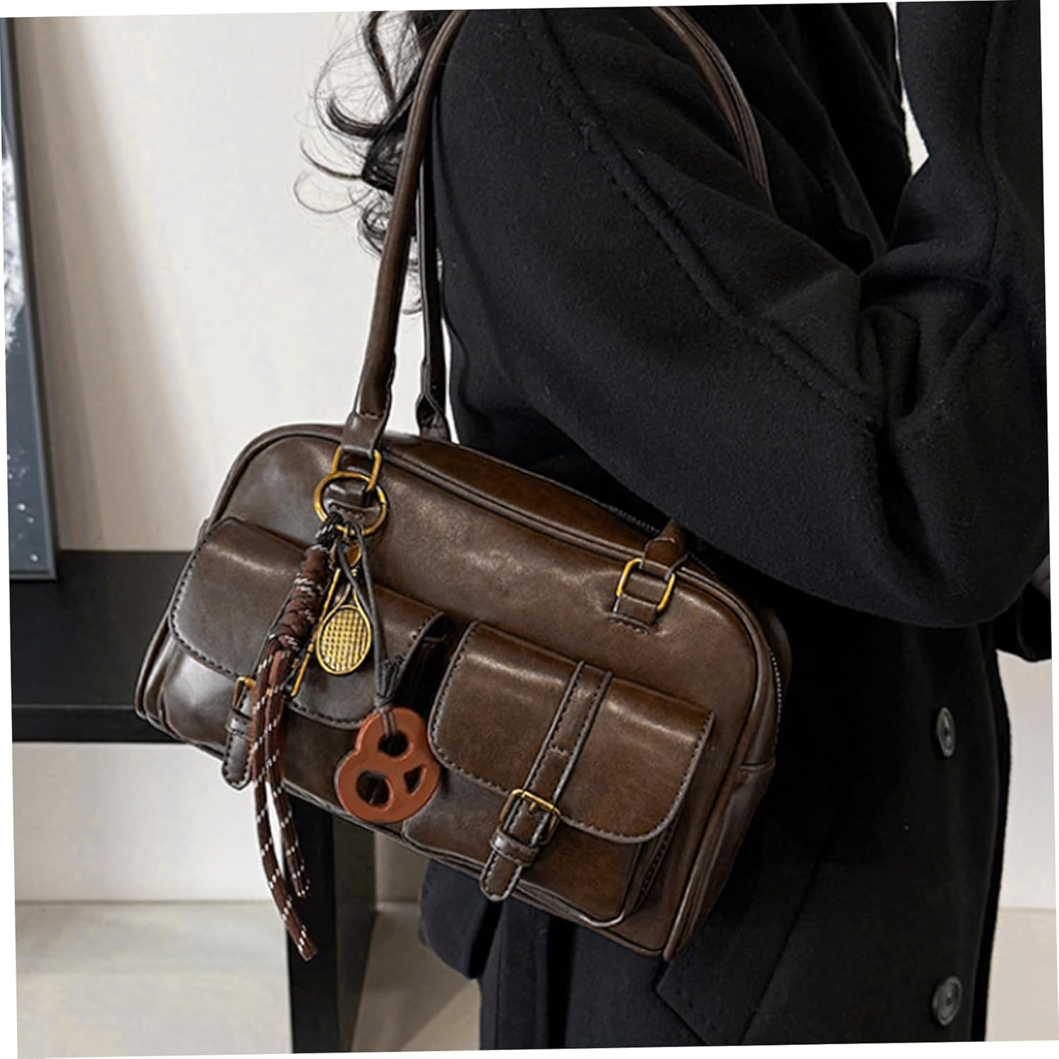 Y2k Shoulder Bag PU Leather Vintage Purse with Pendant Large Capacity Top Handle Y2k Purse for Shopping Work Travel - Image 5