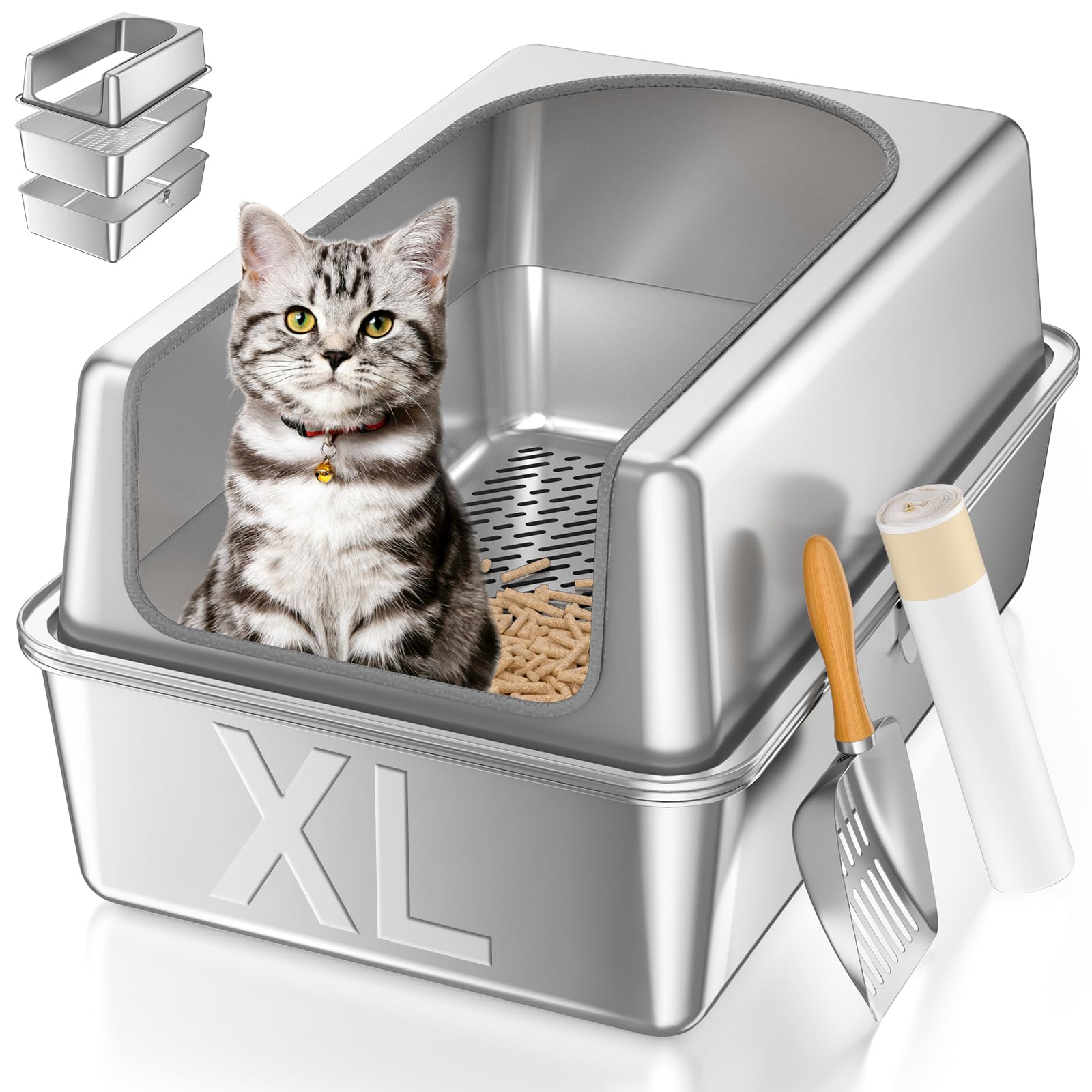 XL All Stainless Steel Sifting Litter Box with Lid,Sifting Cat Litter Box for Wood Pine Pellets,High Sides Sifter Litter Pan System,Odor Control,Easy