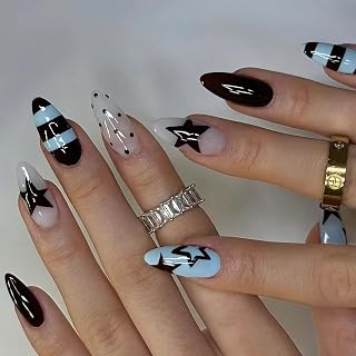 BABALAL Medium Almond Press on Nails Blue Black Star Stripe Y2K Fake Nails | Polka Dot, Glossy, 24Pcs