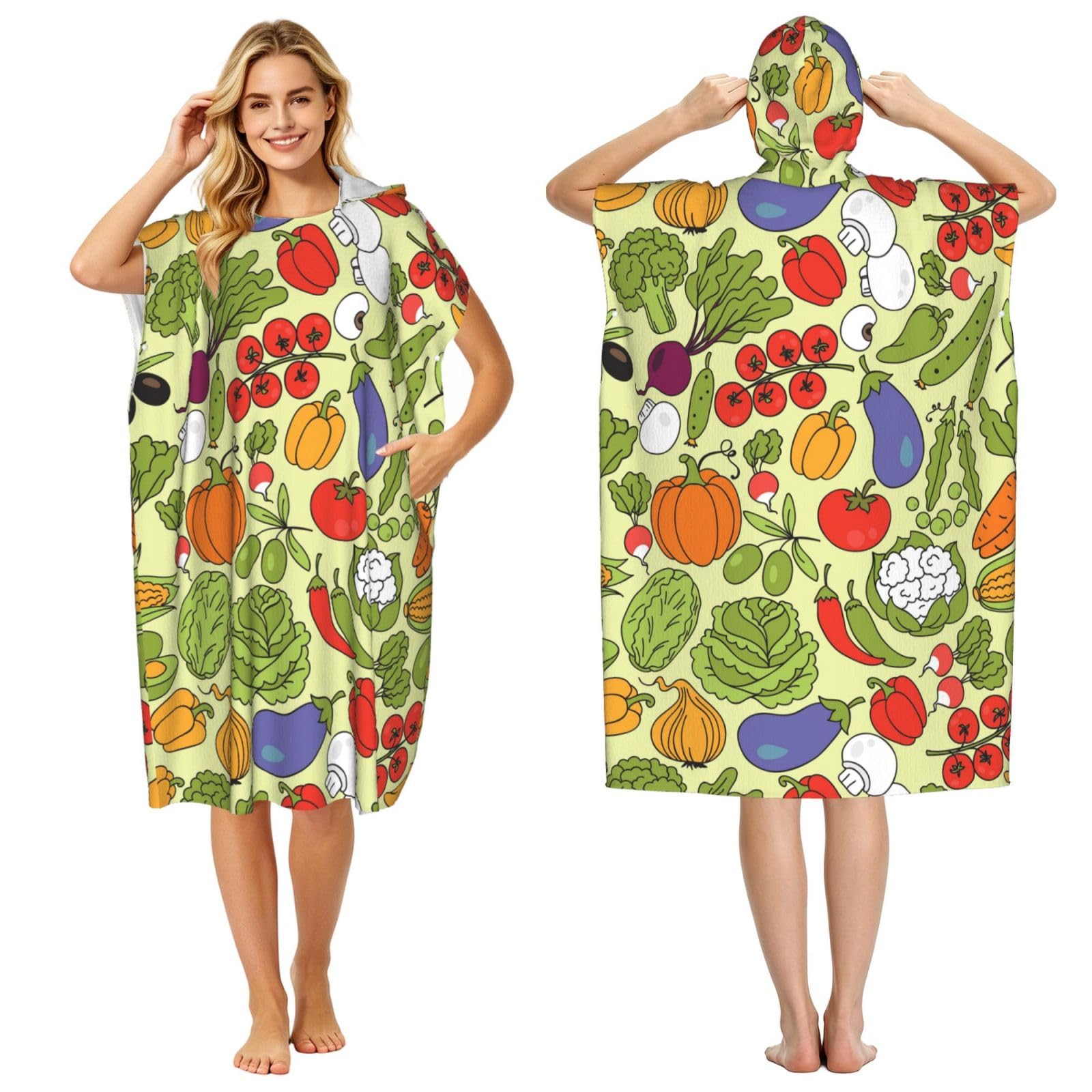 Poadnly Various Vegetable Patterns, Adult Hooded Beach Towel 90 x 110 cm,Changing Bath Robe, Surf Poncho Towel For Women Men