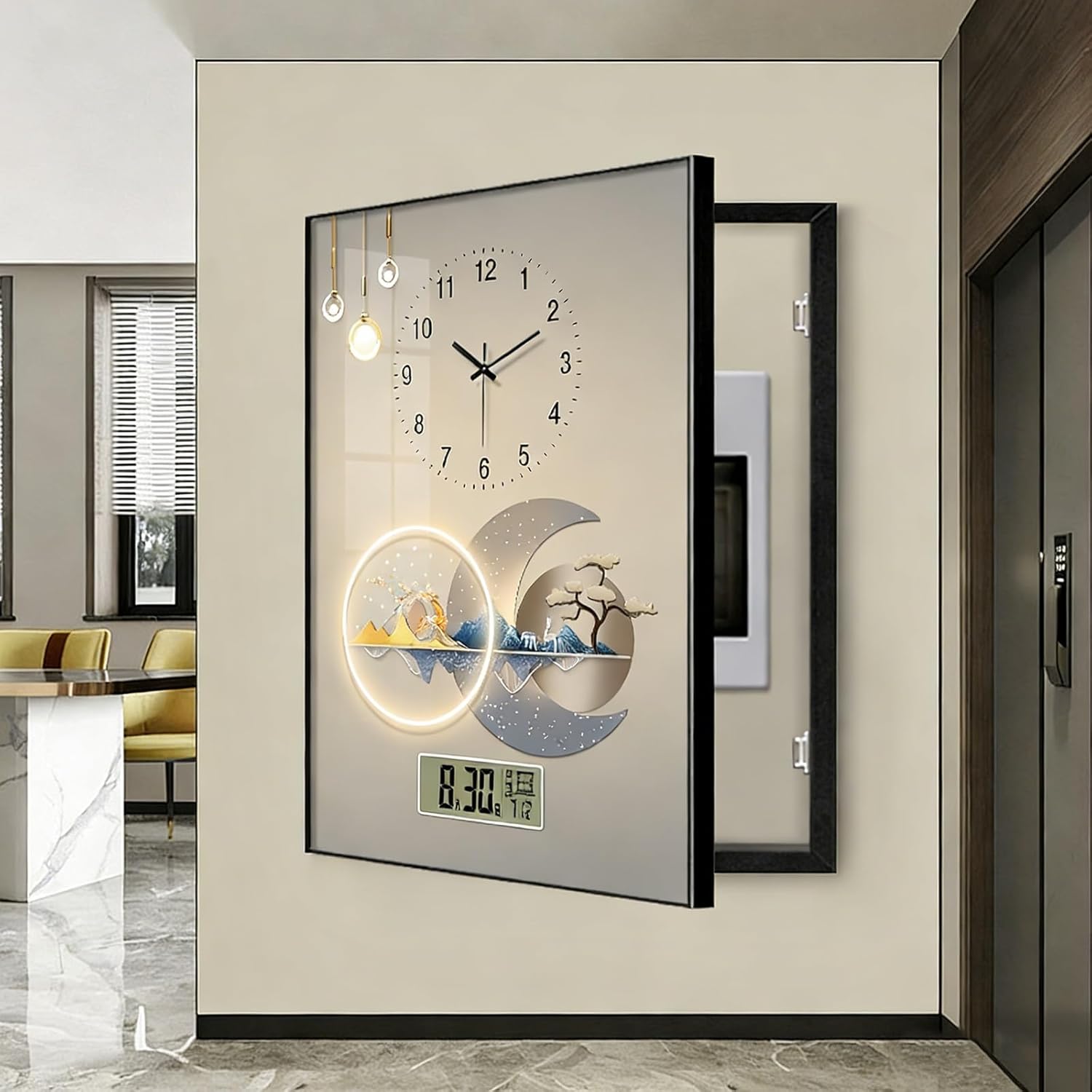 Clock-Integrated Fuse Box Cover Cabinet, Punch-Free Electrical Panel Shield for Living Room, Bedroom, Office, Cafe - Stylish & Functional Home Decor