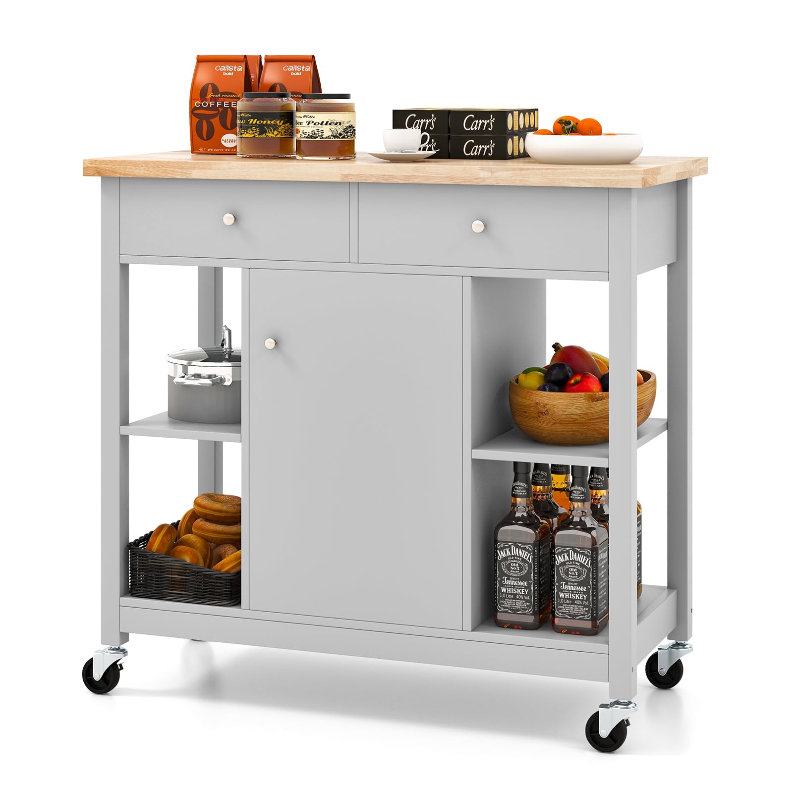 GOPLUS Keukenwagen, serveerwagen met lade, tweedeurs kast, 3-traps kruidenrek, waterbestendig, wielen met remmen, rolwagen, keukenrek voor keuken, hotel, restaurant (wit