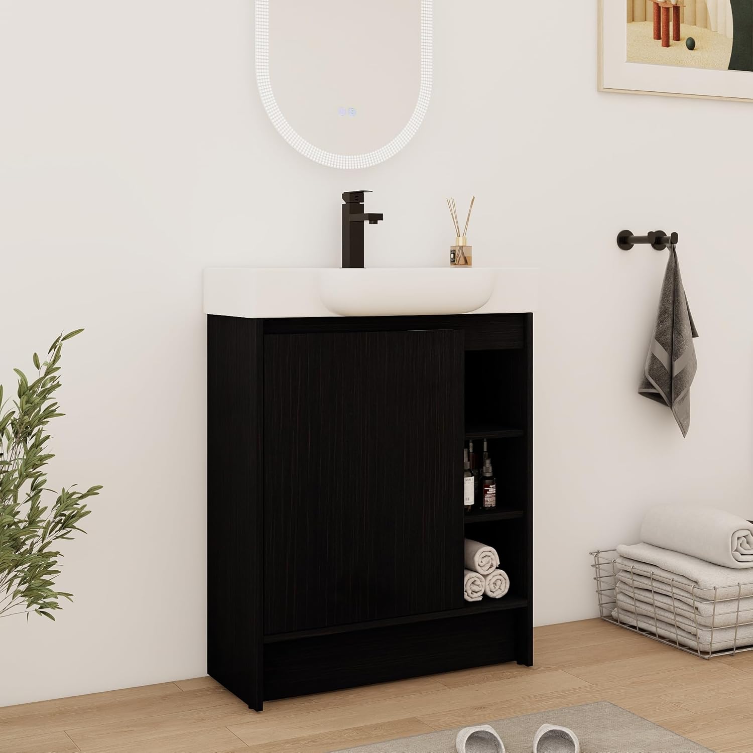 28 Inch Floating Vanity, 28'' Freestanding Bathroom Vanity with Sink, Single Sink Cabinet for Small Bathrooms, Soft-Close Door, Ceramic Basin & Plywood Construction, Black