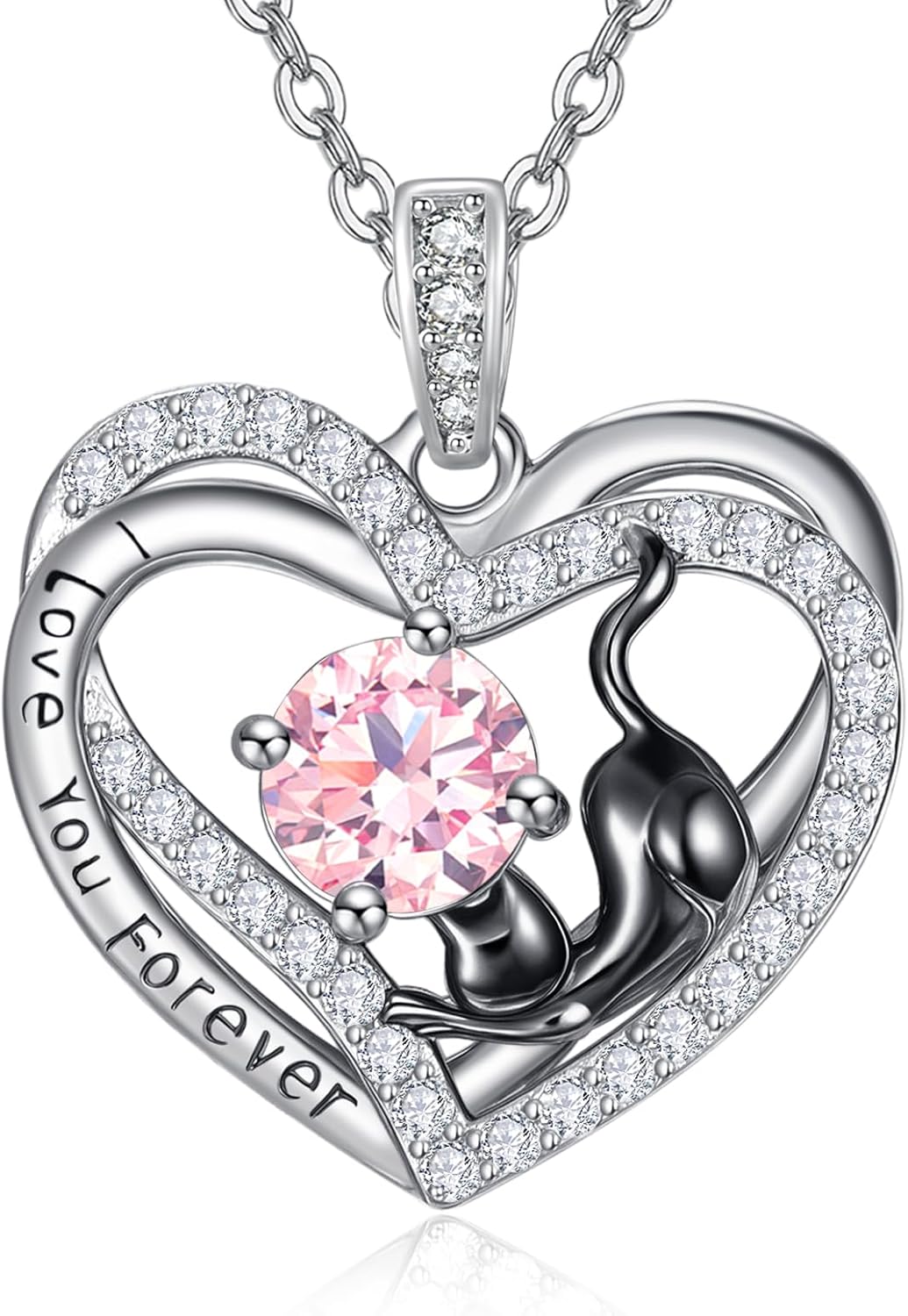 Anniversary Birthday Gifts for Cat Lovers 925 Sterling Silver Birthstone Black Cat Pendant Necklaces I Love You Always and Forever Valentine's Day Gifts for Wife Mom Grandma Daughter
