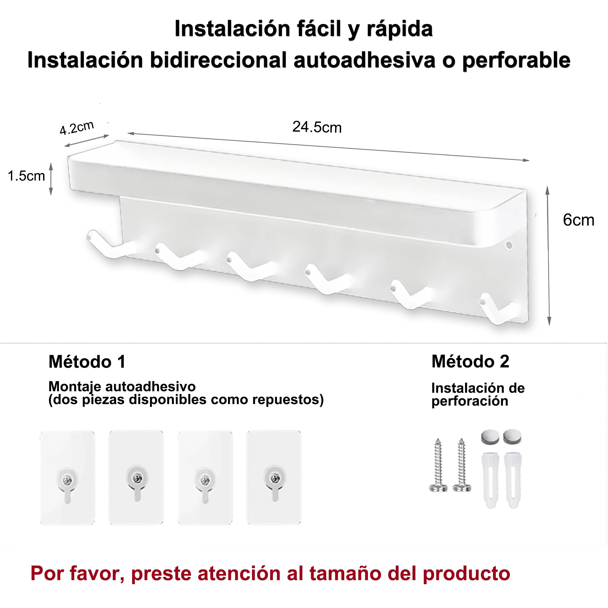 Echehi 6 Ganchos Cuelga Llaves Con Estanteria, la Multifuncional Autoadhesivo a Prueba de óxido Metal Colgador Llaves Pared Adecuado para Entrada, Cocina, Oficina, Baño y sala de estar (Blanco)