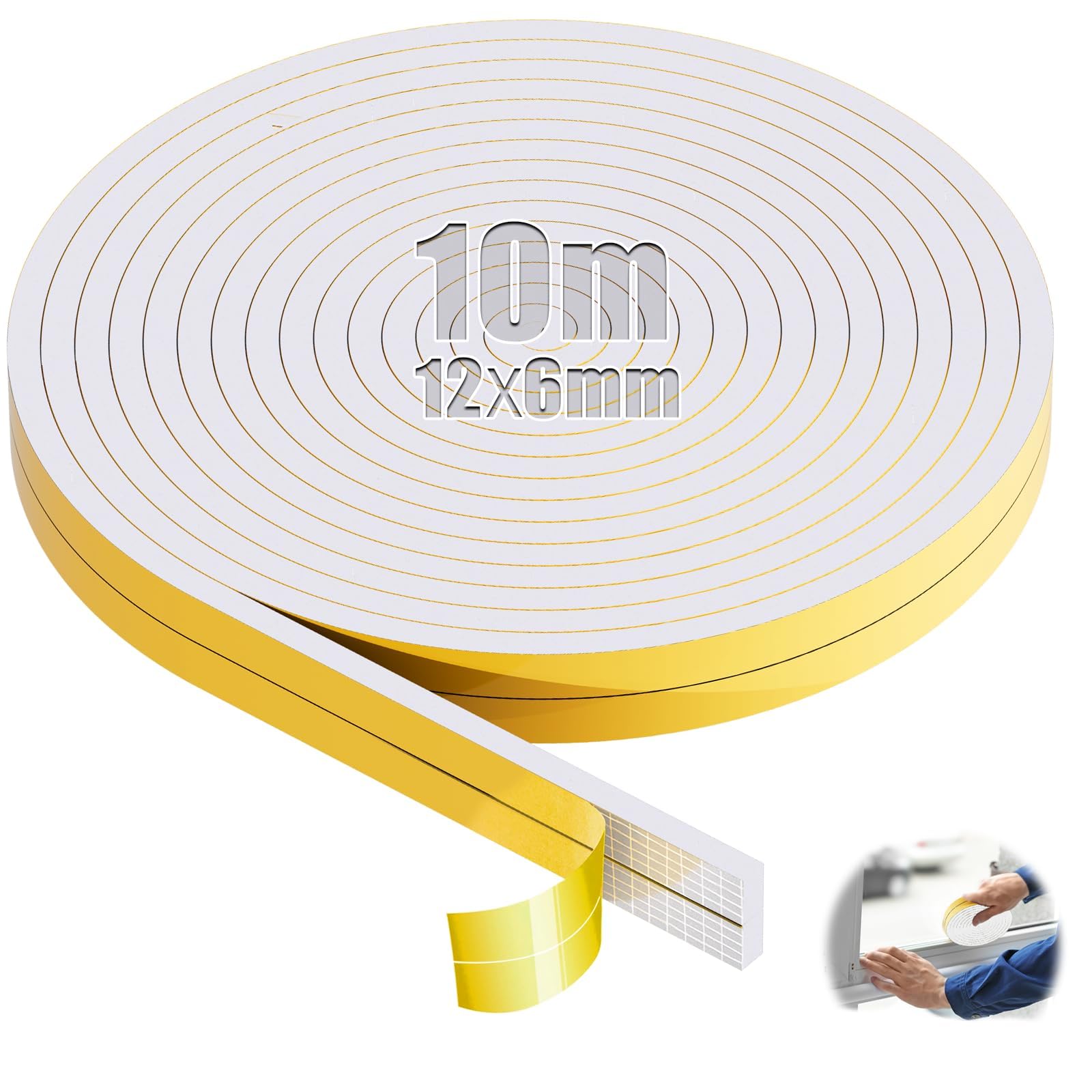 SWTYExt Samoprzylepna guma piankowa, 12 mm (szer.) x 6 mm (śr.), taśma uszczelniająca, samoprzylepna, biała, taśma piankowa, uszczelka drzwi, taśma uszczelniająca do fug okiennych, drzwi szafy, drzwi