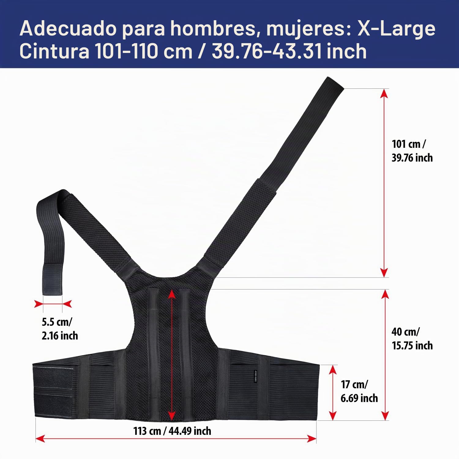 TOROS-GROUP Confort Posture Correcteur et Ceinture de maintien dorsale / 100%-Doublure en Coton - X-Large, Waist/Belly 101-110cm Black