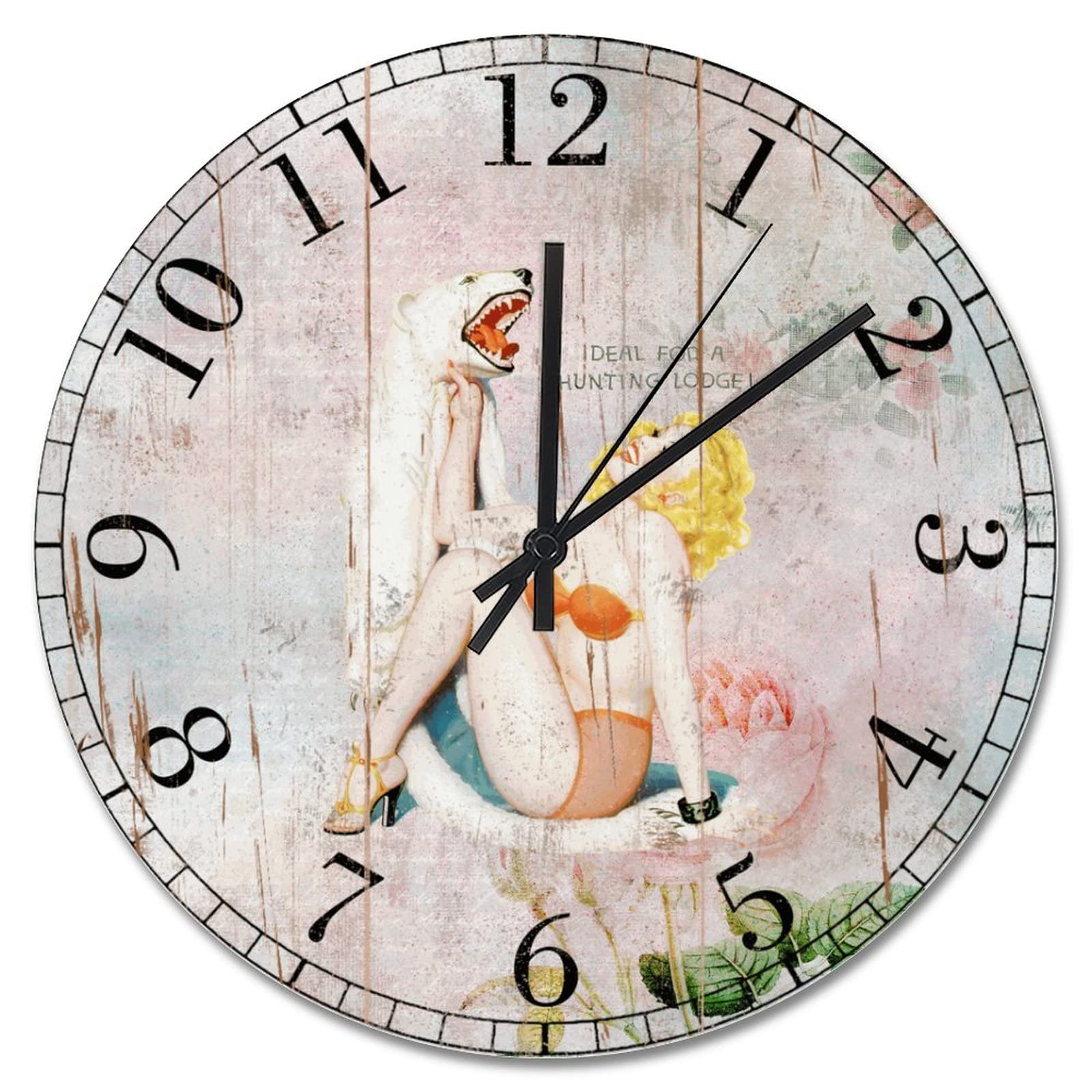 Horloge murale romantique vintage femme sexy pendule ronde silencieuse pour salon