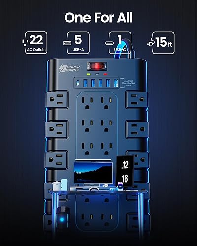 Miniatura 3 de Regleta de alimentación con protector contra sobretensiones, SUPERDANNY - Cable de extensión de 15 pies con 6 puertos de carga USB y 22 tomas de CA,